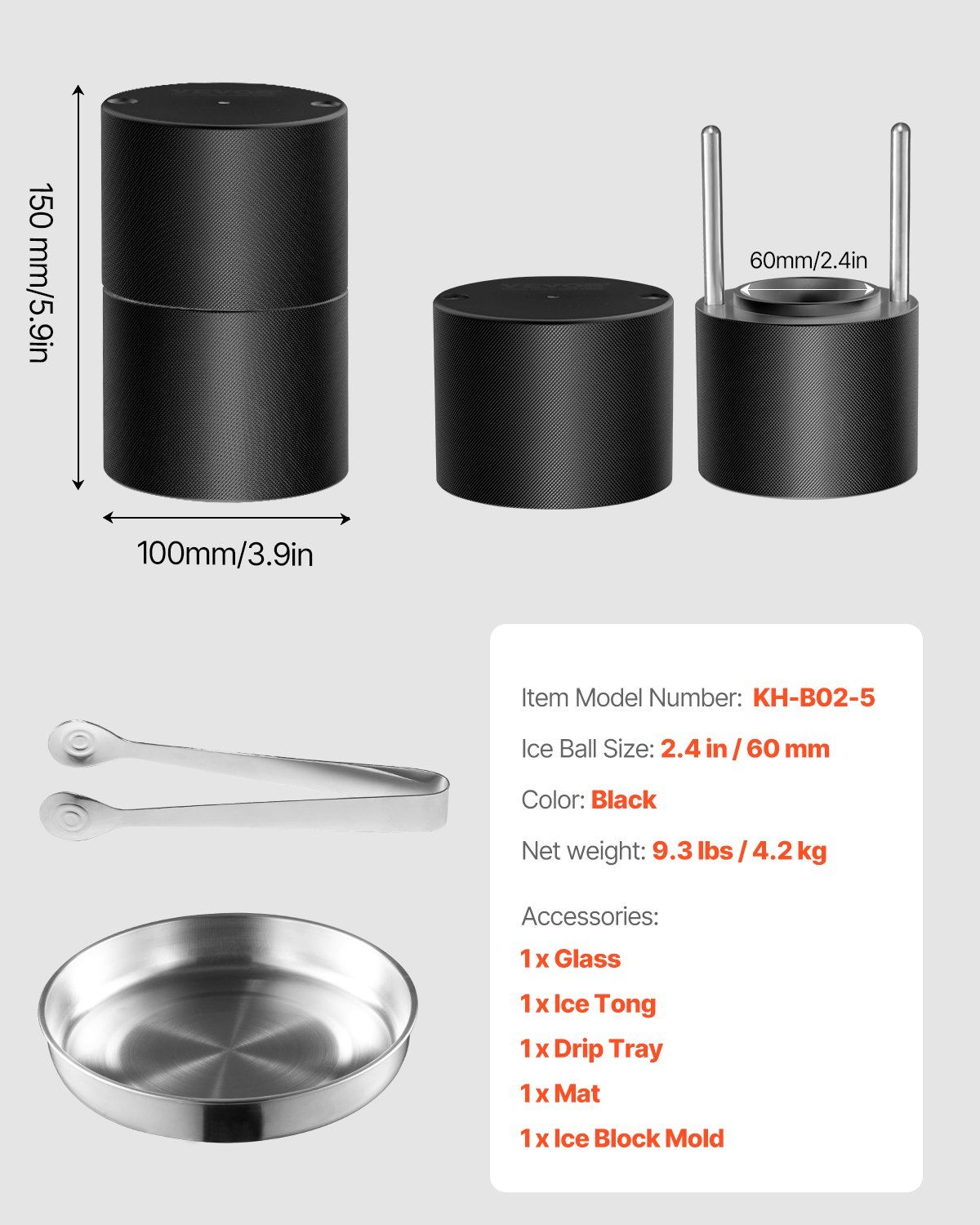 Ice Ball Press Kit, Aviation Aluminum Ice Press with Ice Block Mold, Large Mat, Tong, Drip Tray, One Glass, Round Ice Ball Maker 2.4"/60 mm Ice Sphere, for Whiskey, Cocktail on Party & Holiday