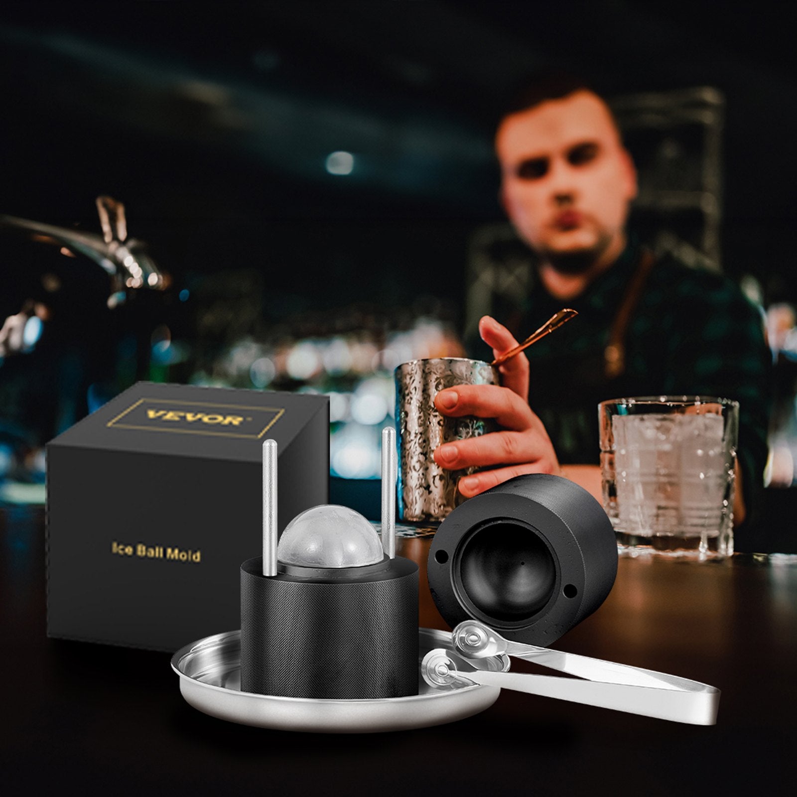 VEVOR Ice Ball Press, 6cm Ice Ball Maker, Aircraft Al Alloy Ice Ball Press Kit for 60mm Ice Sphere, Ice Press with Tong and Drip Tray, for Whiskey, Cocktail, Bourbon, Scot on Party & Holiday, Black