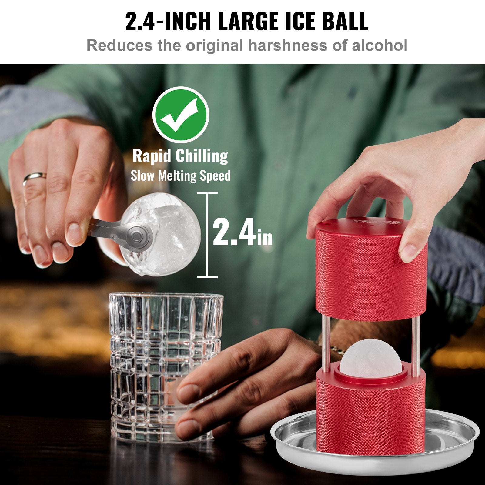 VEVOR Ice Ball Press, 6cm Ice Ball Maker, Aircraft Al Alloy Ice Ball Press Kit for 60mm Ice Sphere, Ice Press with Tong and Drip Tray, for Whiskey, Cocktail, Bourbon, Scot on Party & Holiday, Red
