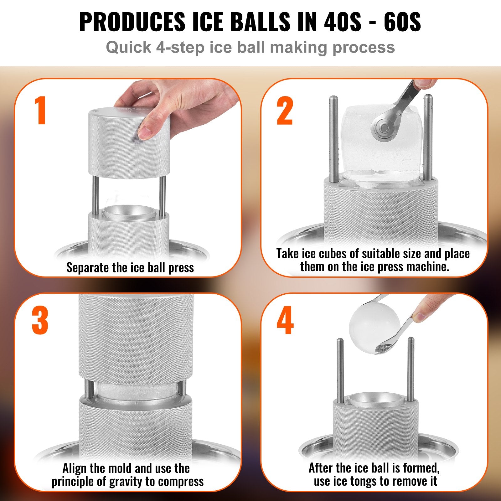 VEVOR Ice Ball Press Kit, Aircraft Al Alloy Ice Press with Ice Block Mold, Large Mat, Tong, Drip Tray, One Glass, Round Ice Ball Maker 2.4"/60 mm Ice Sphere, for Whiskey, Cocktail on Party & Holiday