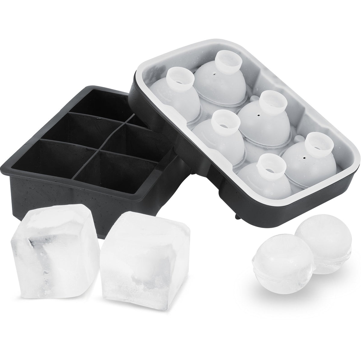 VEVOR Ice Cube Trays (Set of 2), 2-in-1 Combo with Silicone Sphere Ice Ball Maker &amp; Large Square Ice Cube Maker with Lid, Reusable Easy Release BPA Free Ice Tray Set for Whiskey Cocktails Bourbon