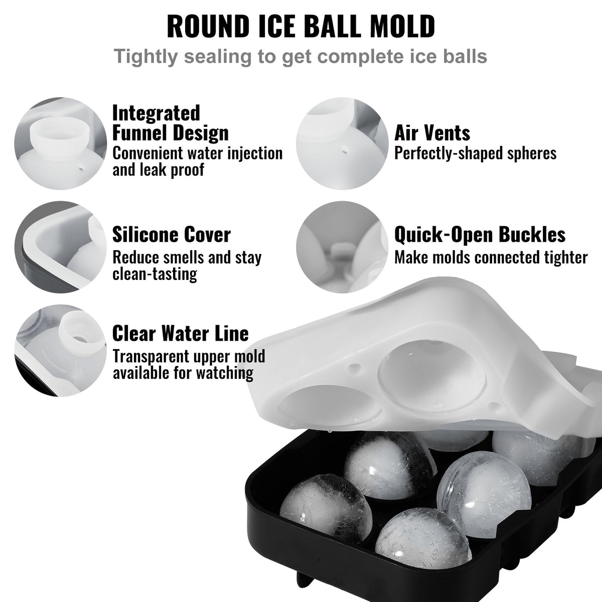 VEVOR Ice Cube Trays (Set of 2), 2-in-1 Combo with Silicone Sphere Ice Ball Maker & Large Square Ice Cube Maker with Lid, Reusable Easy Release BPA Free Ice Tray Set for Whiskey Cocktails Bourbon