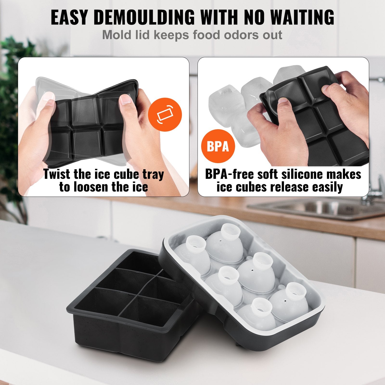 VEVOR Ice Cube Trays (Set of 2), 2-in-1 Combo with Silicone Sphere Ice Ball Maker & Large Square Ice Cube Maker with Lid, Reusable Easy Release BPA Free Ice Tray Set for Whiskey Cocktails Bourbon