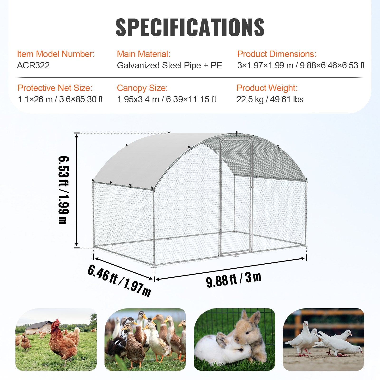 VEVOR Chicken Coop, 9.8x6.5x6.5ft Walk-in Large Metal Chicken Run for Yard with Waterproof Cover, Doom Roof Hen House with Security Lock for Outdoor and Backyard, Farm, Duck Rabbit Cage Poultry Pen