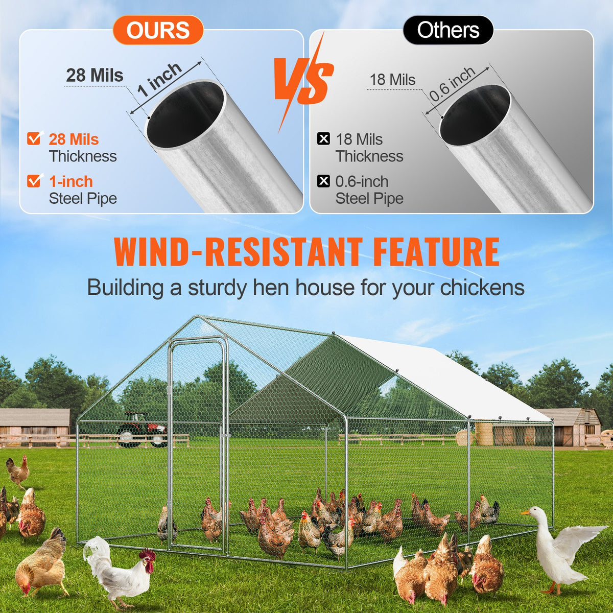 VEVOR Large Metal Chicken Coop, 3x3.93x1.99 m Walk-in Chicken Runs for Yard with Cover, Spire Roof Hen House with Security Lock for Outdoor and Backyard, Farm, Duck Rabbit Cage Poultry Pen