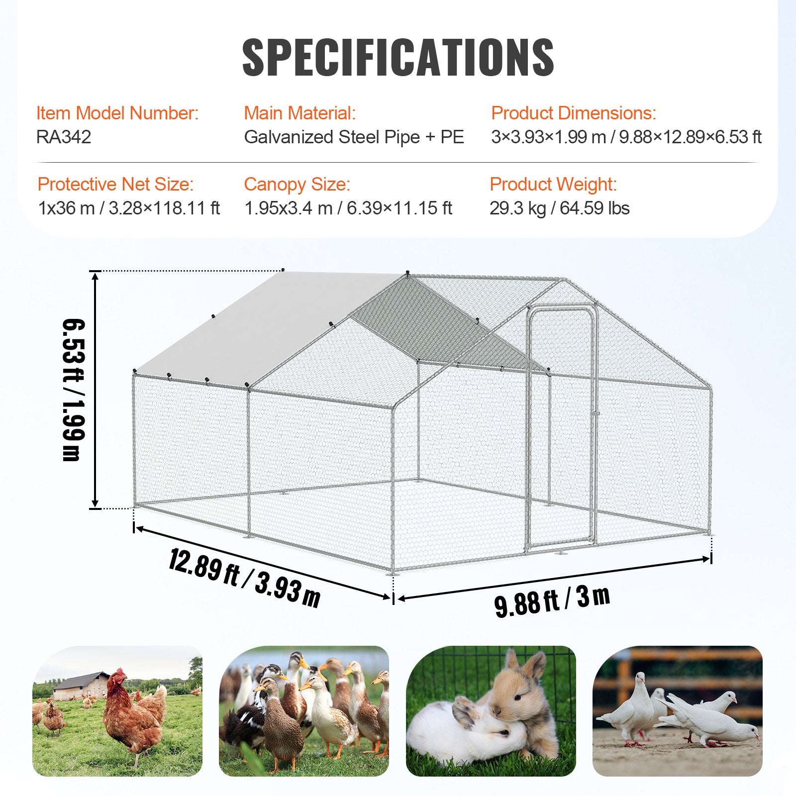 VEVOR Large Metal Chicken Coop, 3x3.93x1.99 m Walk-in Chicken Runs for Yard with Cover, Spire Roof Hen House with Security Lock for Outdoor and Backyard, Farm, Duck Rabbit Cage Poultry Pen