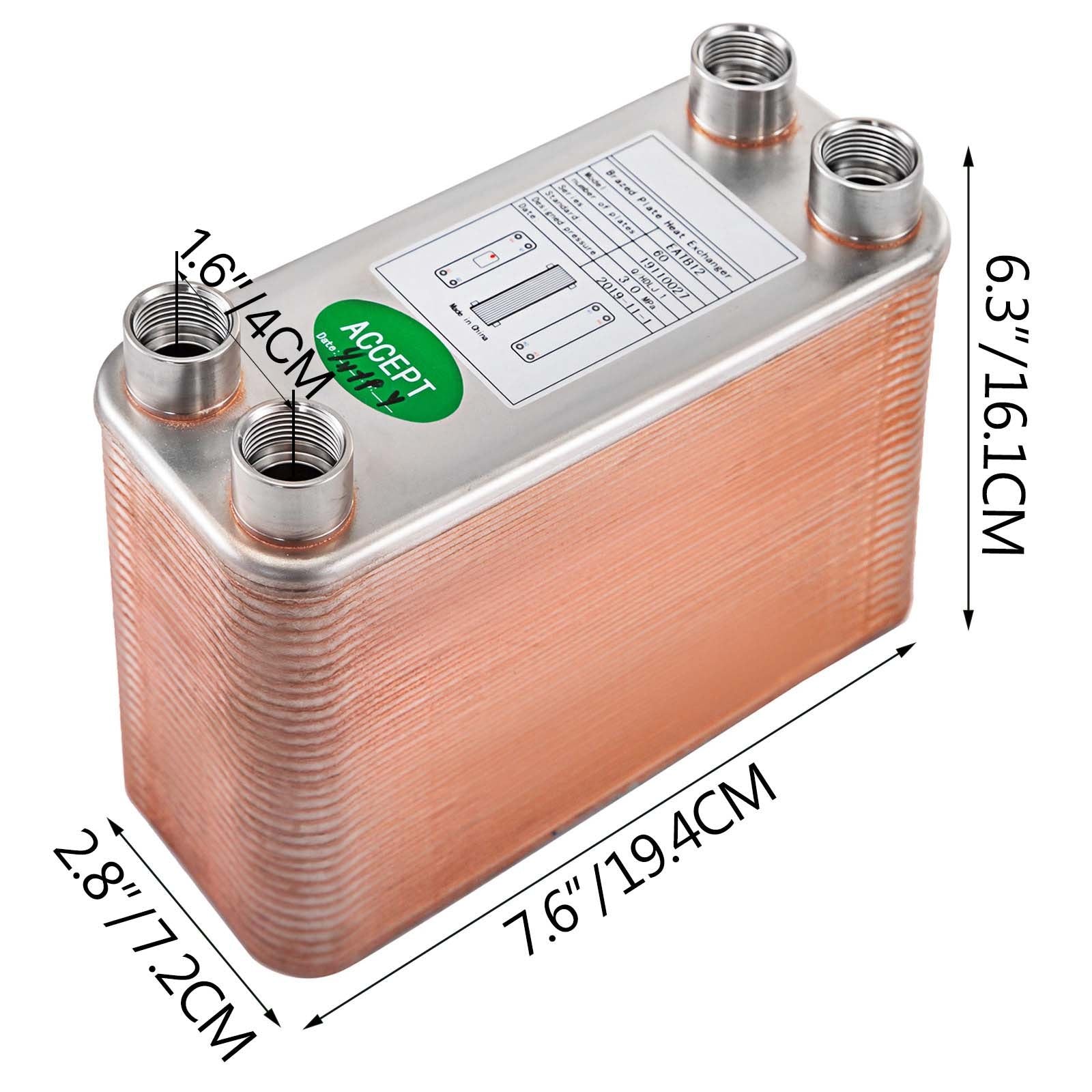 VEVOR Heat Exchanger 3"x7.5" 60 Plates Brazed Plate Heat Exchanger 316L 1/2" BSP FPT Heat Exchanger EATB12 Beer Wort Chiller for Hydronic Heating