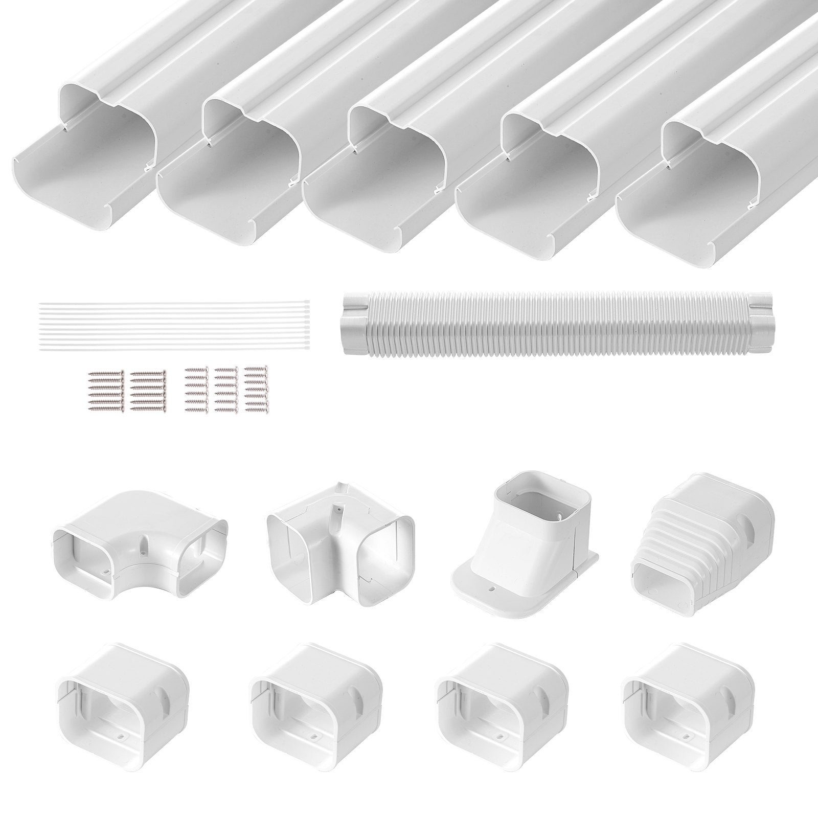 VEVOR Mini Split Line Set Cover 76.2mm W 3110mm L, PVC Decorative Pipe Line Cover For Air Conditioner with 5 Straight Ducts & Full Components Easy to Install, Paintable for Heat Pumps, White