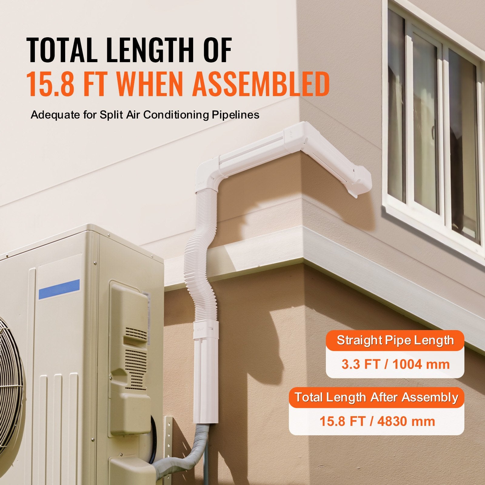 VEVOR Mini Split Line Set Cover 76.2mm W 4830mm L, PVC Decorative Pipe Line Cover For Air Conditioner with 4 Straight Ducts & Full Components Easy to Install, Paintable for Heat Pumps, White