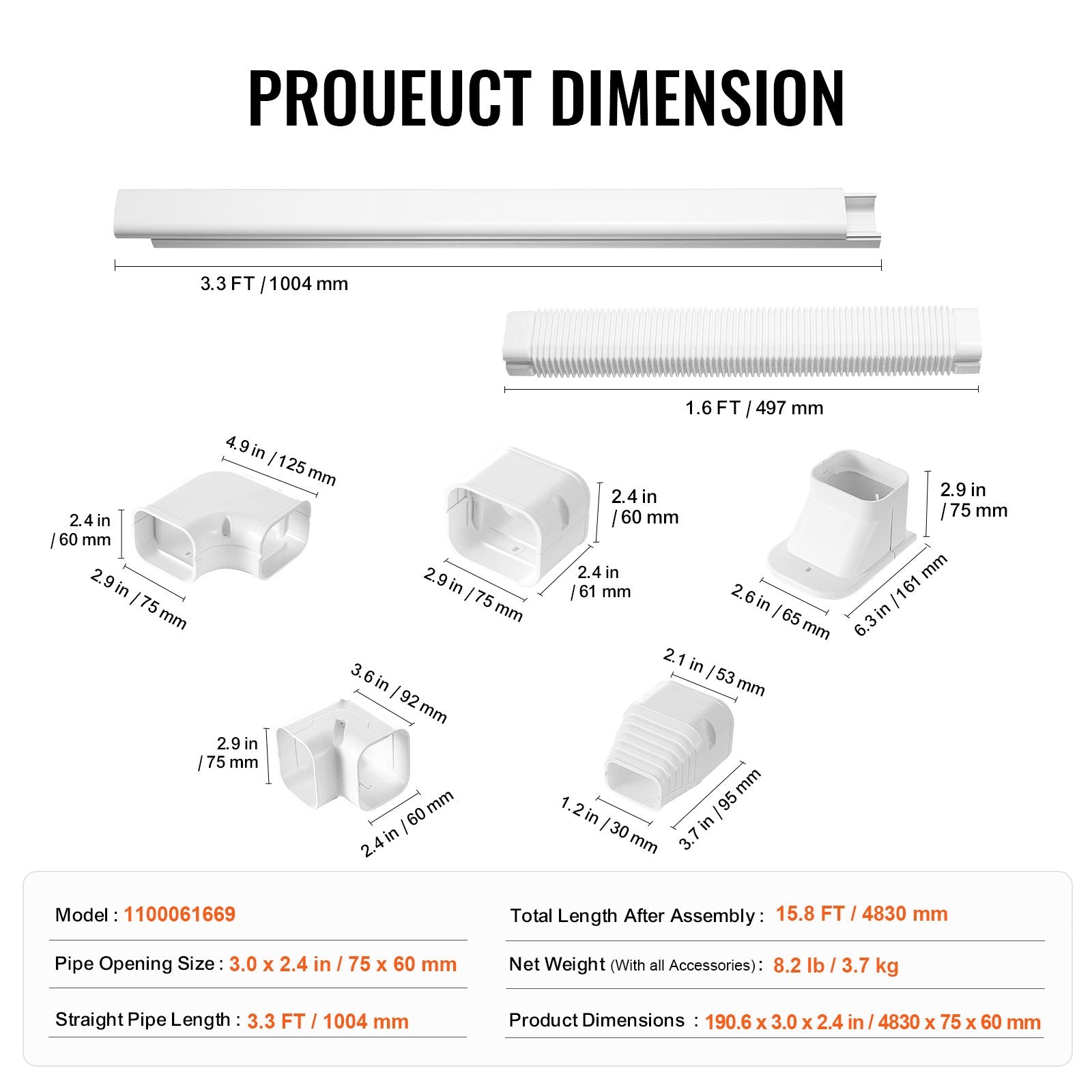 VEVOR Mini Split Line Set Cover 76.2mm W 4830mm L, PVC Decorative Pipe Line Cover For Air Conditioner with 4 Straight Ducts & Full Components Easy to Install, Paintable for Heat Pumps, White