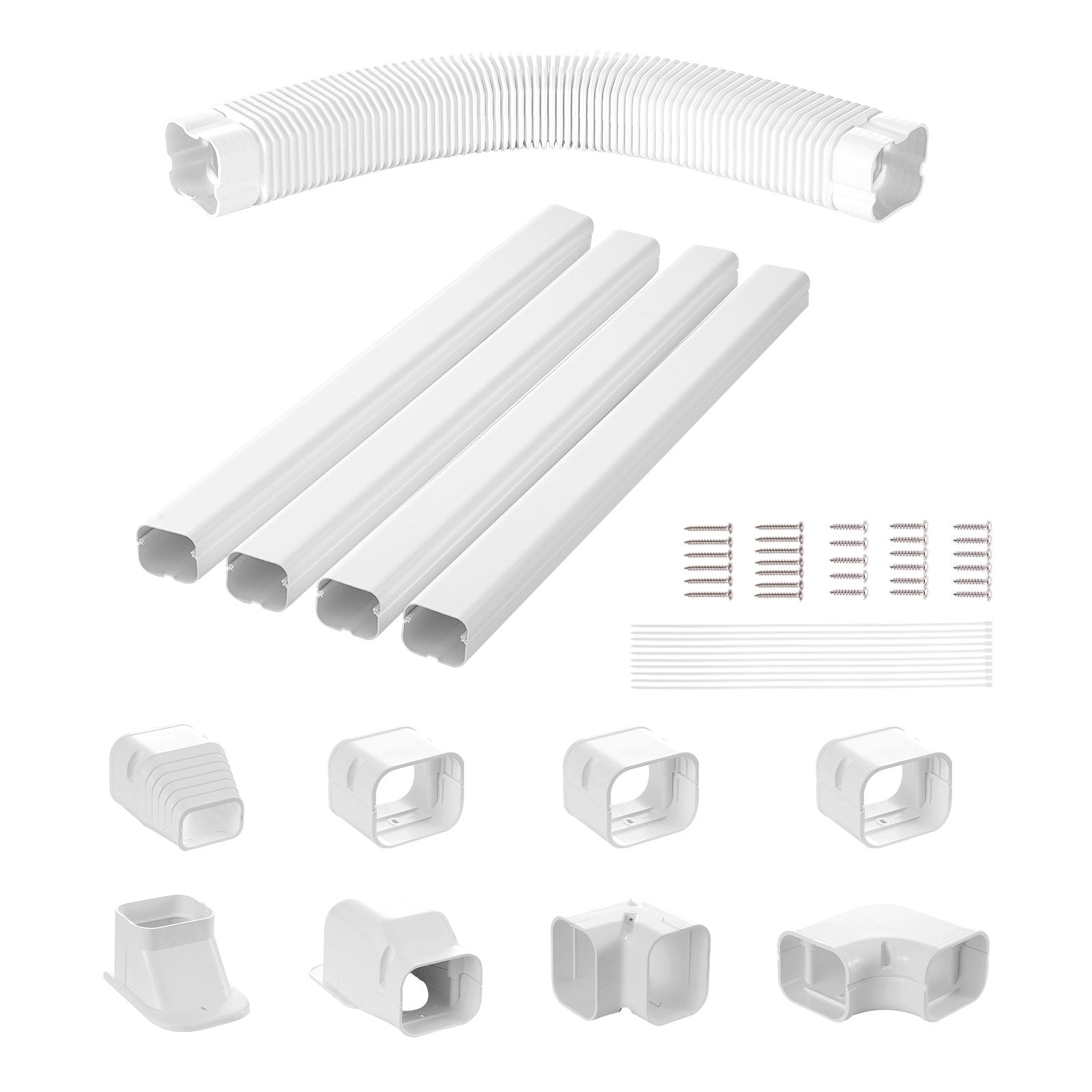 VEVOR Mini Split Line Set Cover 76.2mm W 5350mm L, PVC Decorative Pipe Line Cover For Air Conditioner with 4 Straight Ducts & Full Components Easy to Install, Paintable for Heat Pumps, White