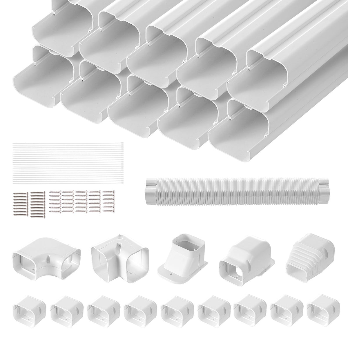 VEVOR Mini Split Line Set Cover 76.2mm W 5400mm L, PVC Decorative Pipe Line Cover For Air Conditioner with 10 Straight Ducts &amp; Full Components Easy to Install, Paintable for Heat Pumps, White