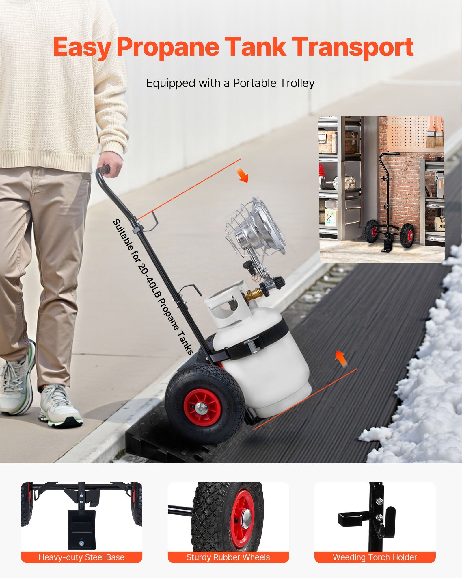 VEVOR Propane Tank Top Heater with Portable Trolley, 15000 BTU Rapid Heating 180-Degree Infrared Radiant Tank Top Gas Heater for 9-18kg Propane Tanks, for Ice Fishing/ Hunting/Outdoor Single Burner