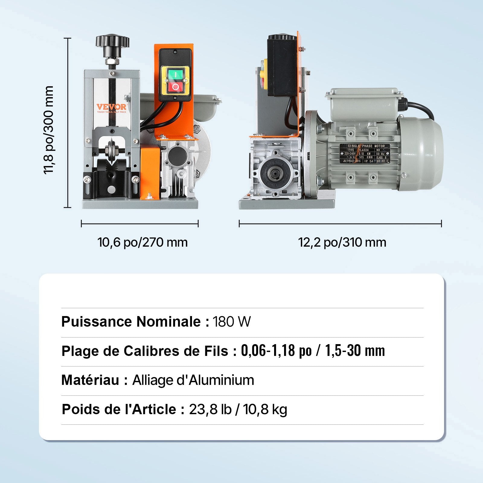 VEVOR Automatic Wire Stripping Machine, 0.06''-1.18'' Electric Motorized Cable Stripper, 180 W, 60 ft/min Wire Peeler with Visible Stripping Depth Reference, for Scrap Copper Recycling