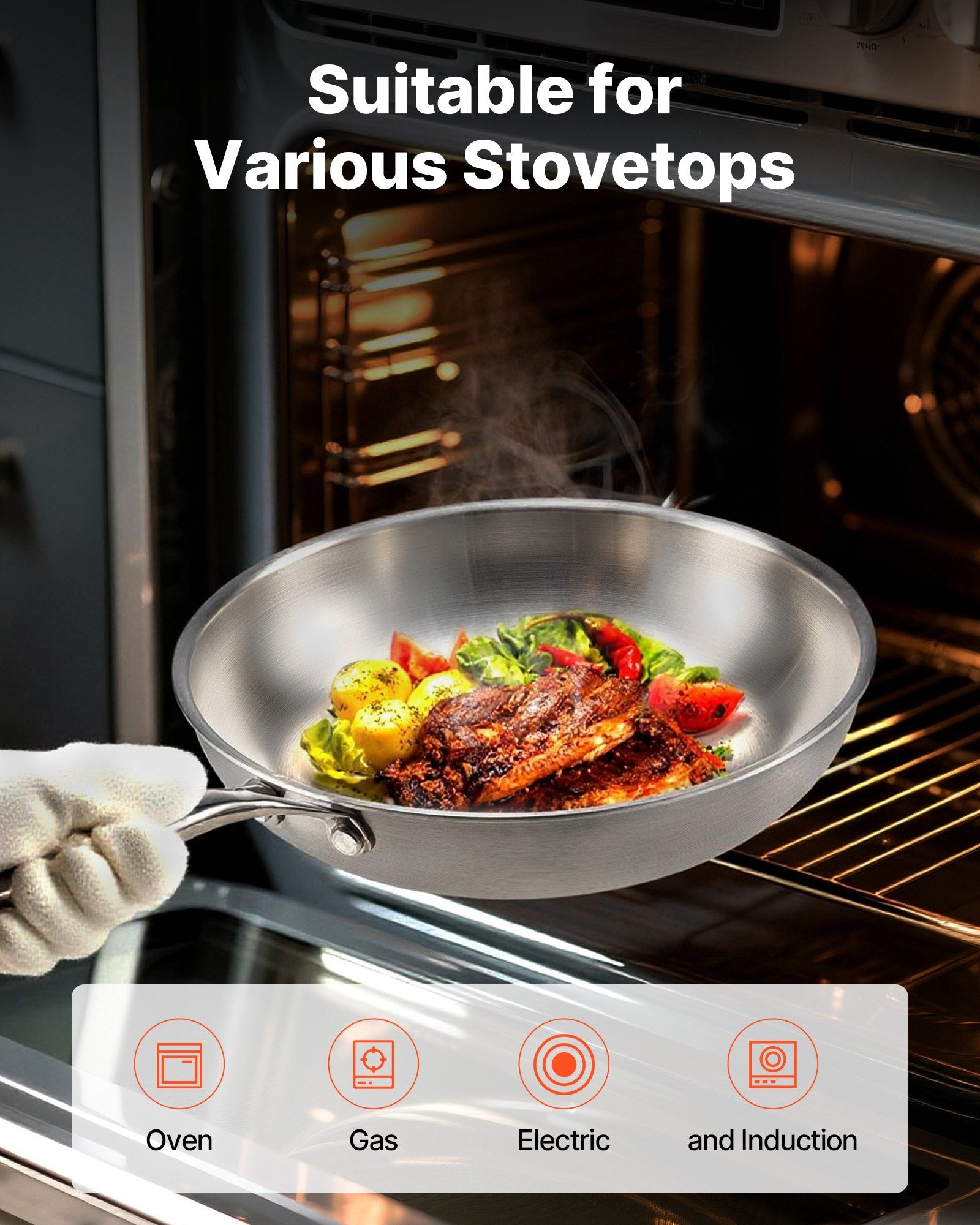 VEVOR Tri-Ply Stainless Steel Frying Pan, 3 Piece (240, 280, 320 mm), Cooking Skillet with Heat-Resistant Handle, Chef's Kitchen Cookware, Oven, Gas, Electric, Induction, Dishwasher Compatible, Silver