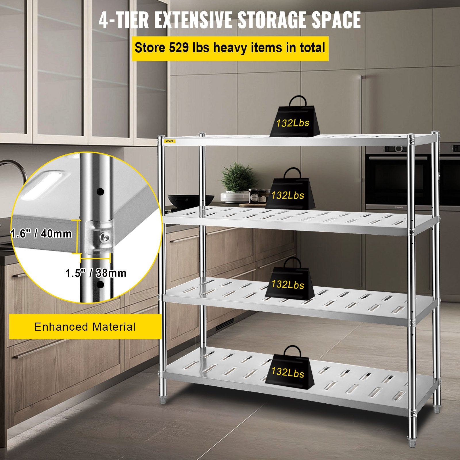 VEVOR Garage Shelf Heavy Duty Shelving 4-Tier 150x45x155cm Stainless Steel