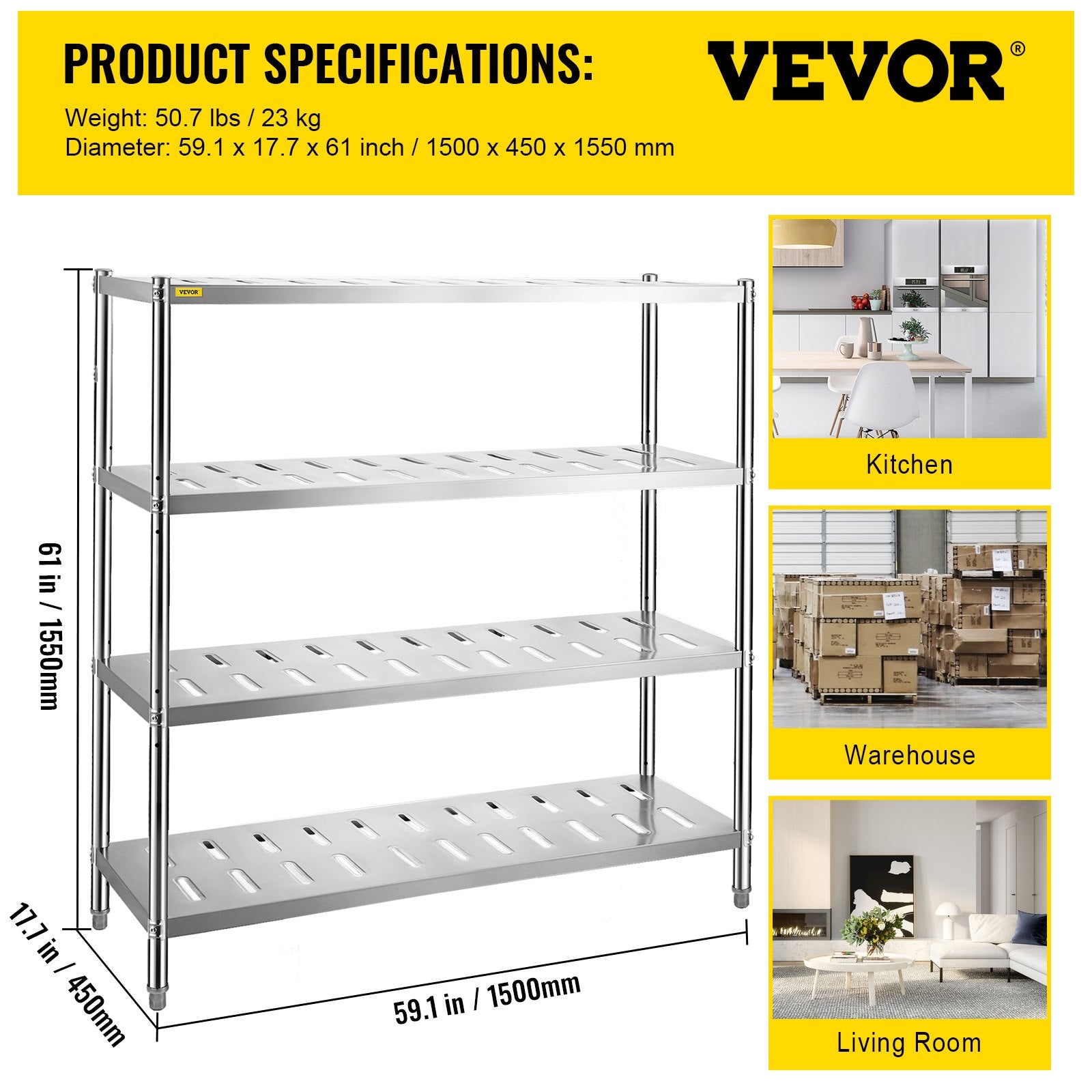 VEVOR Garage Shelf Heavy Duty Shelving 4-Tier 150x45x155cm Stainless Steel