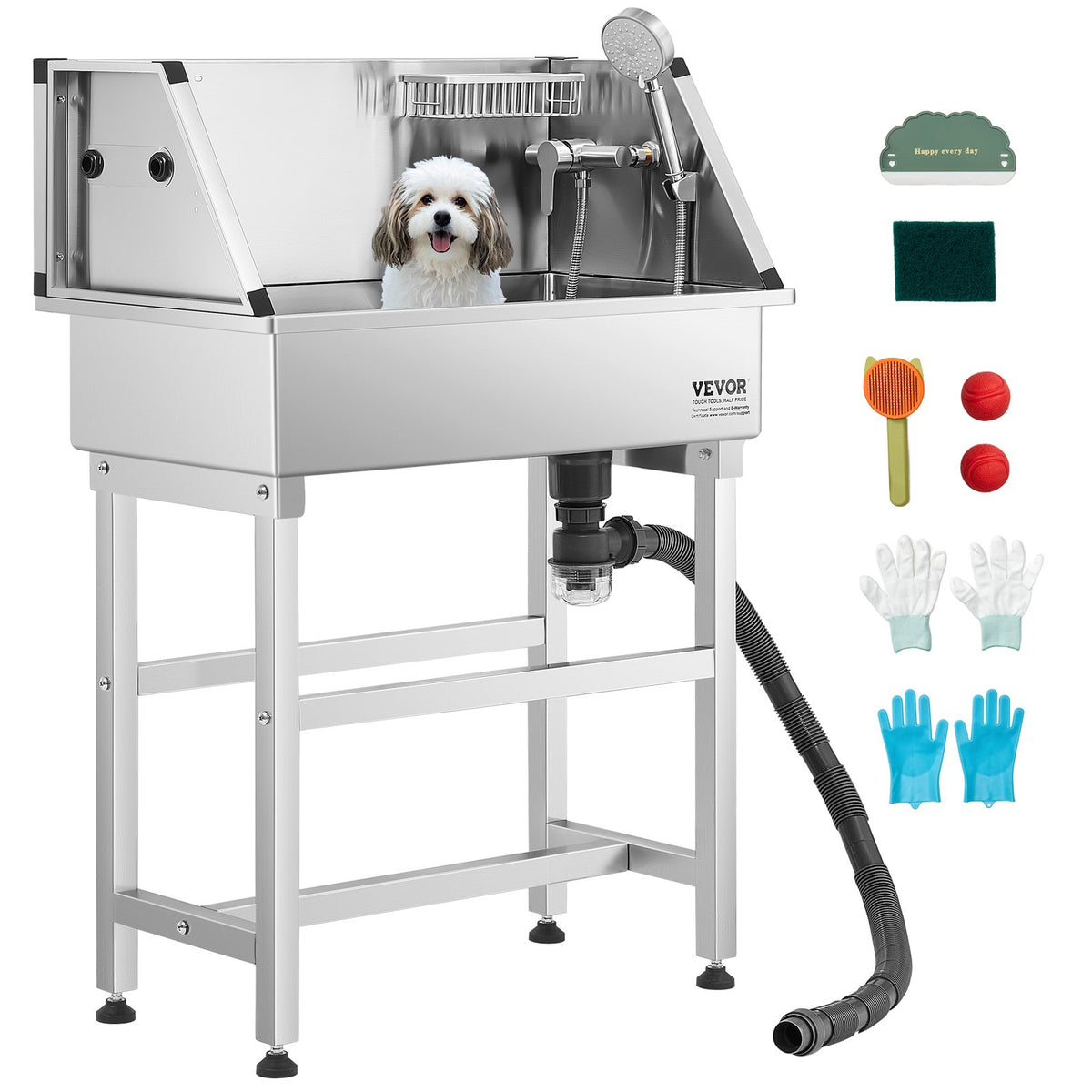 VEVOR 86.4 cm Stainless Steel Dog Washing Station, Pet Grooming Tub with Hot &amp; Cold Faucet, Showerhead, Storage Rack, No-Bend All-in-One Bathtub, Home Wash Sink, Fits Small Cats and Dogs