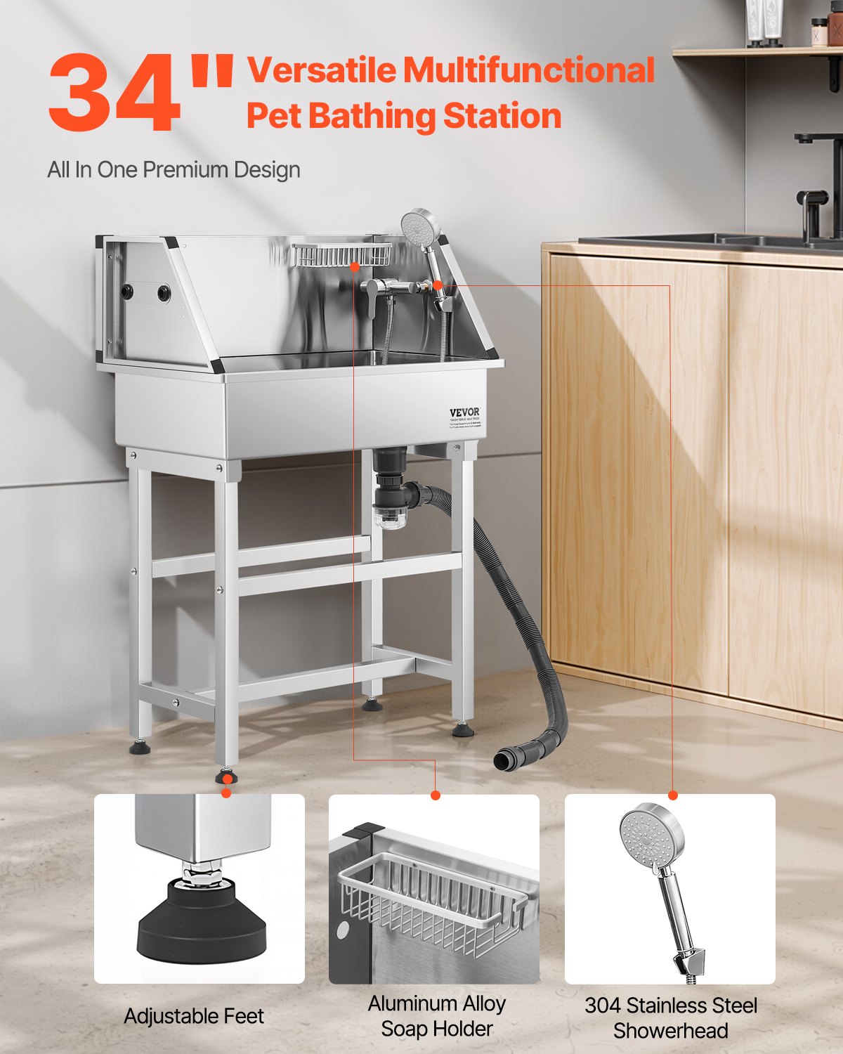 VEVOR 86.4 cm Stainless Steel Dog Washing Station, Pet Grooming Tub with Hot & Cold Faucet, Showerhead, Storage Rack, No-Bend All-in-One Bathtub, Home Wash Sink, Fits Small Cats and Dogs