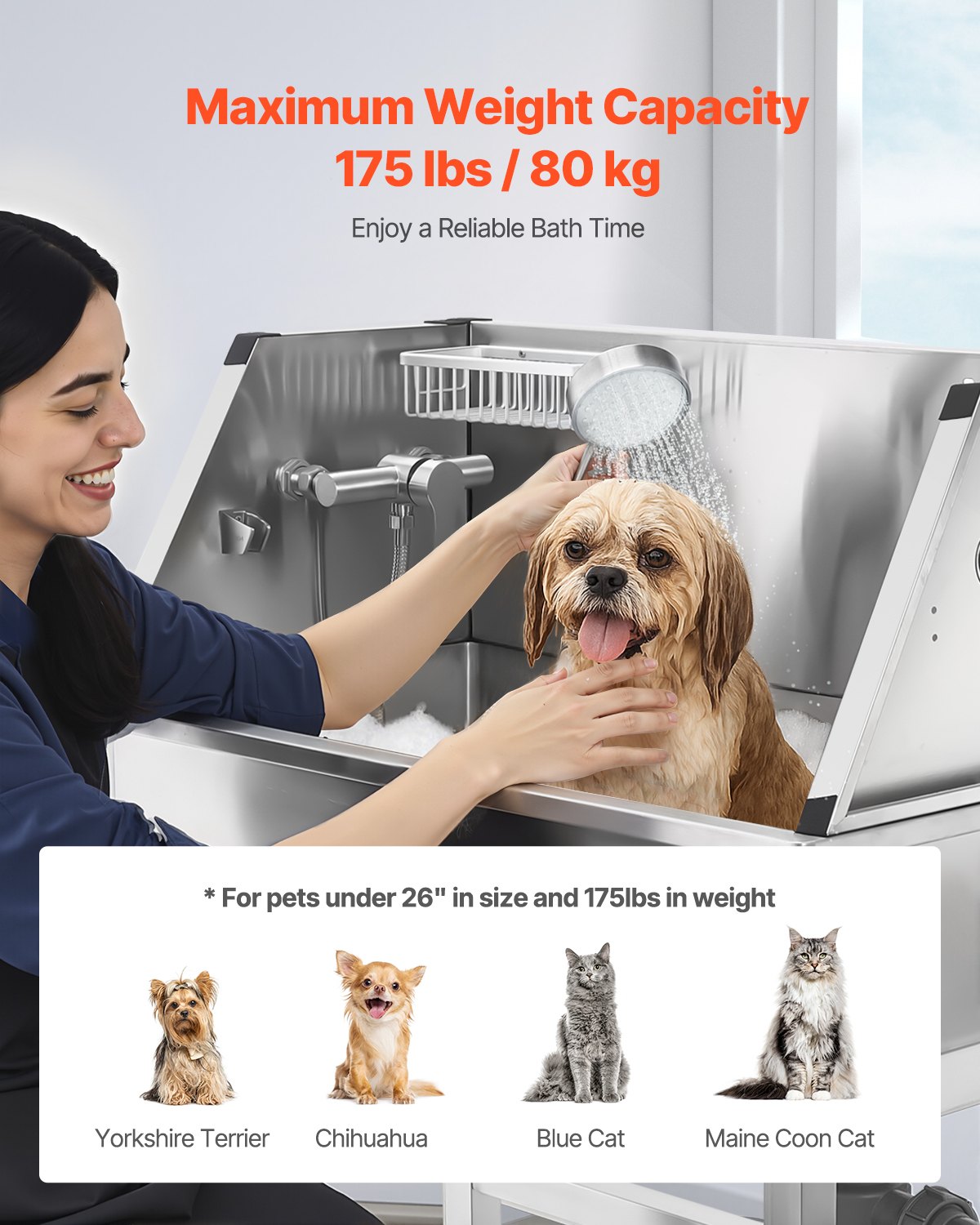 VEVOR 86.4 cm Stainless Steel Dog Washing Station, Pet Grooming Tub with Hot & Cold Faucet, Showerhead, Storage Rack, No-Bend All-in-One Bathtub, Home Wash Sink, Fits Small Cats and Dogs