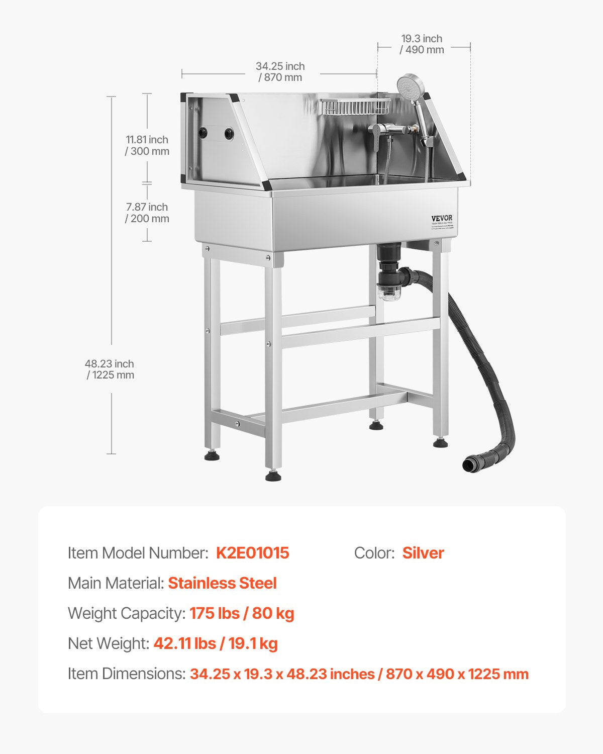 VEVOR 86.4 cm Stainless Steel Dog Washing Station, Pet Grooming Tub with Hot & Cold Faucet, Showerhead, Storage Rack, No-Bend All-in-One Bathtub, Home Wash Sink, Fits Small Cats and Dogs