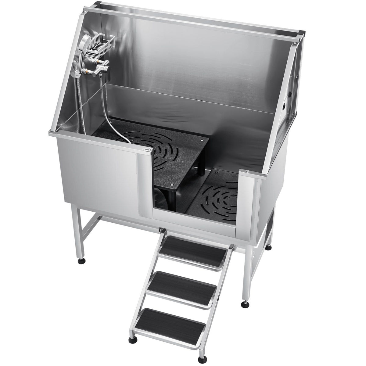 Stainless Steel Dog Washing Station, 127 cm Pet Grooming Tub w/ Stairs, PE Water Filter Board, Faucet &amp; Showerhead &amp; Soap Holder Dog Bathtub for Large &amp; Medium &amp; Small Pets (Left Door)