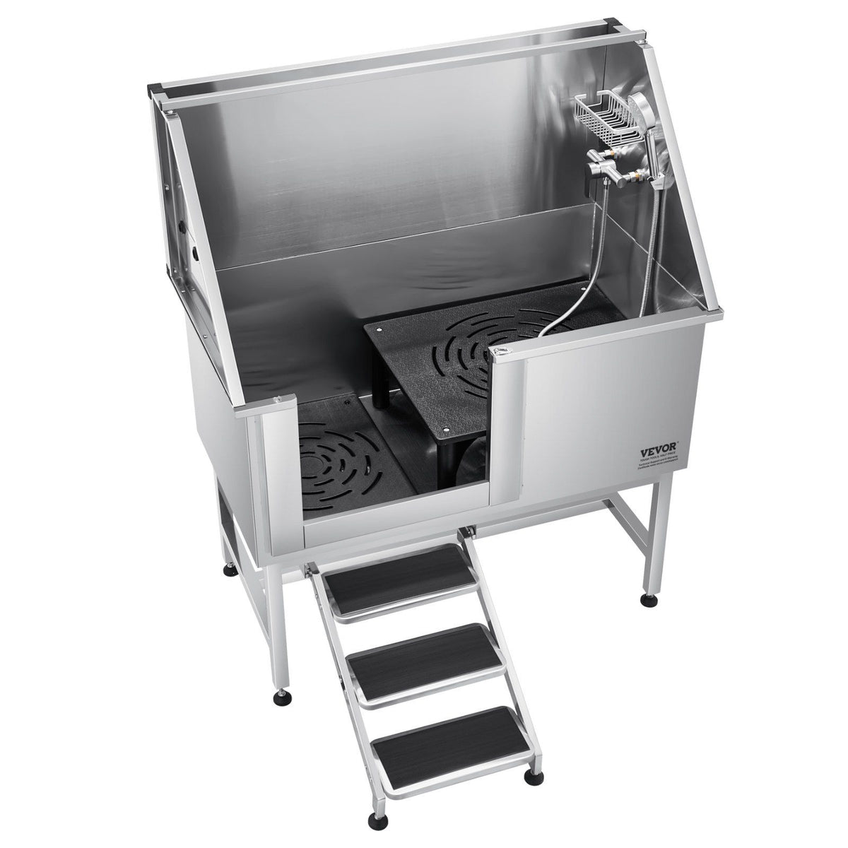 Stainless Steel Dog Washing Station, 127 cm Pet Grooming Tub w/ Stairs, PE Water Filter Board, Faucet & Showerhead & Soap Holder Dog Bathtub for Large & Medium & Small Pets (Left Door)