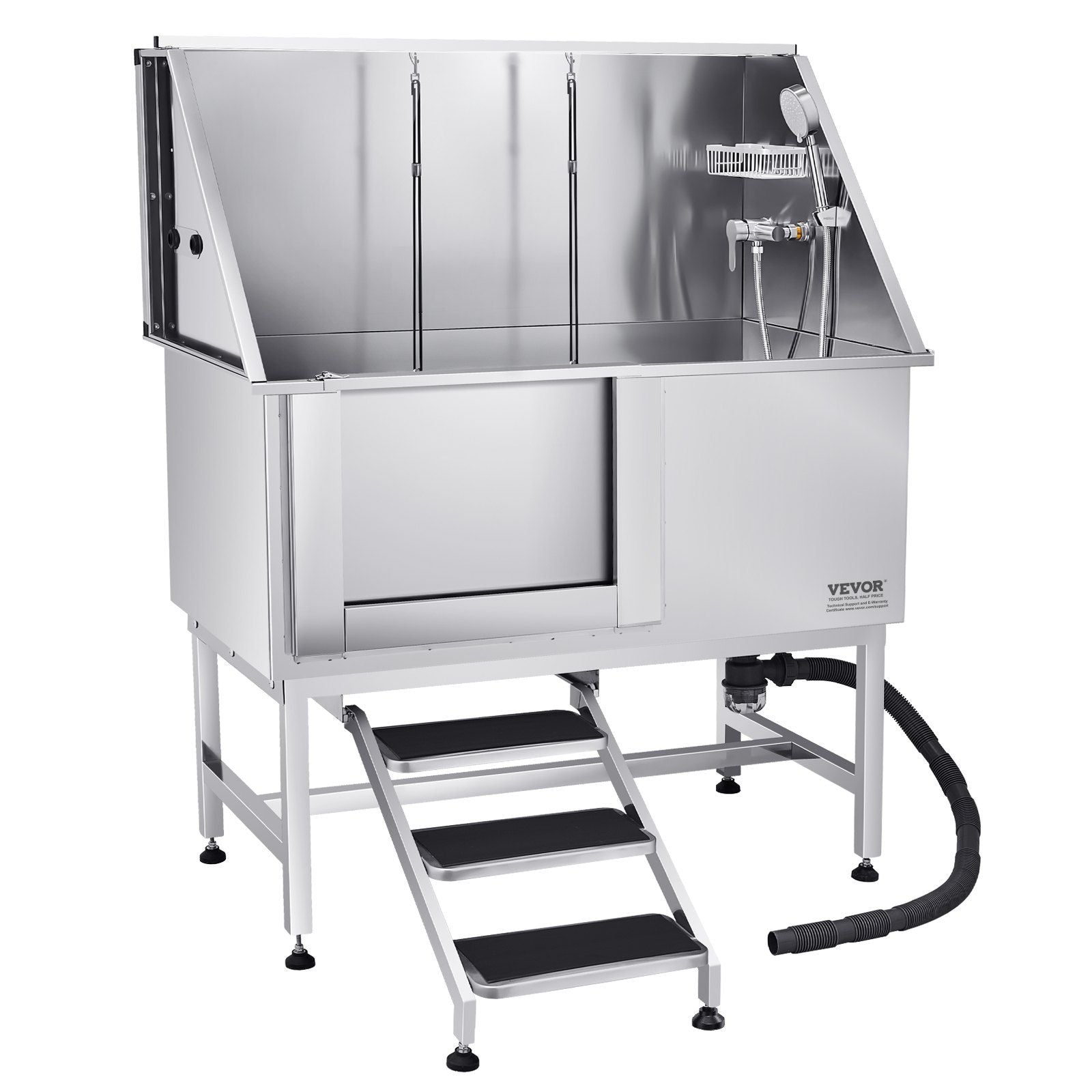 Stainless Steel Dog Washing Station, 127 cm Pet Grooming Tub w/ Stairs, PE Water Filter Board, Faucet & Showerhead & Soap Holder Dog Bathtub for Large & Medium & Small Pets (Left Door)