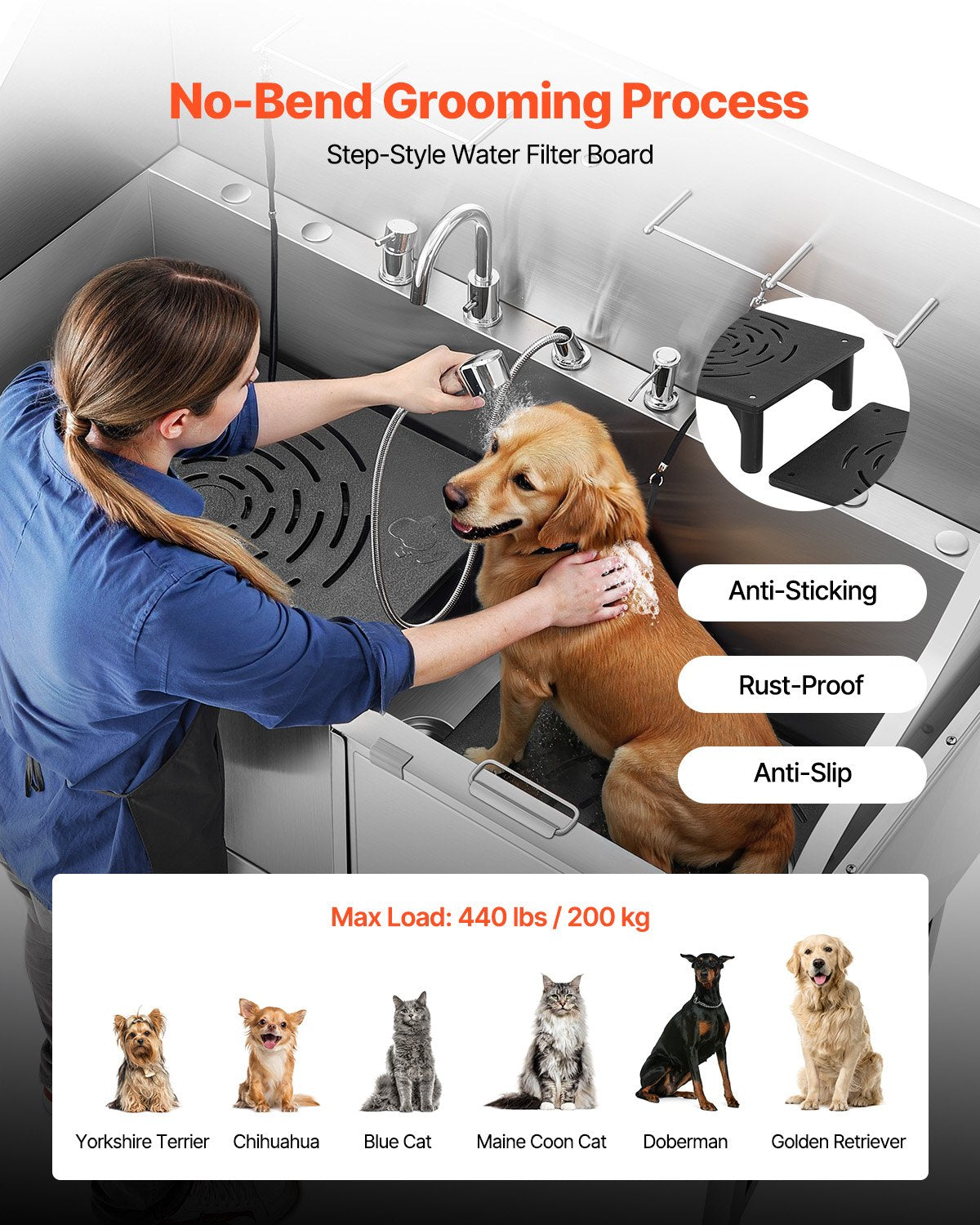 VEVOR 155 cm Dog Grooming Bath Tub Stainless Steel w Ramp Water Filter