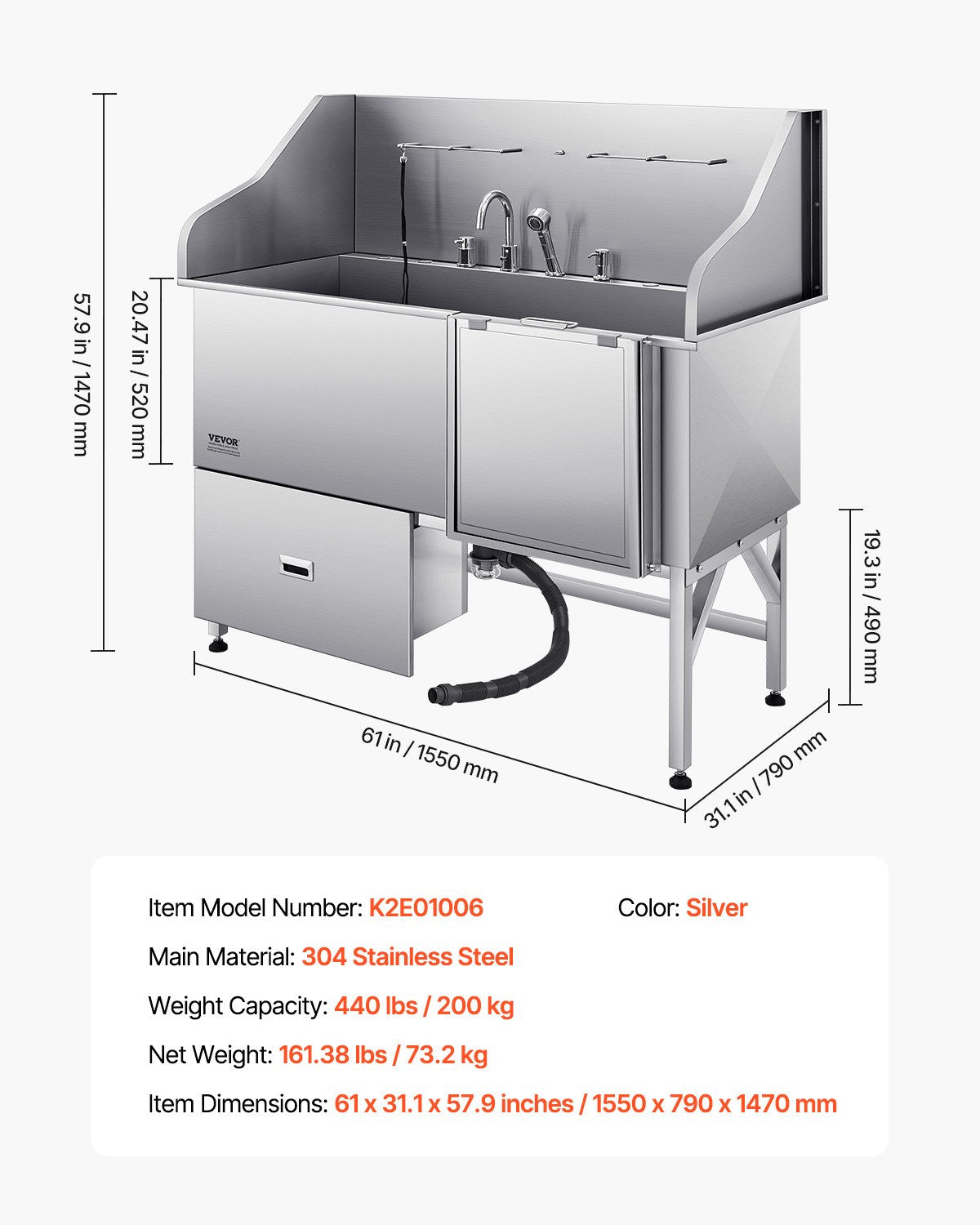 VEVOR 155 cm Dog Grooming Bath Tub Stainless Steel w Ramp Water Filter