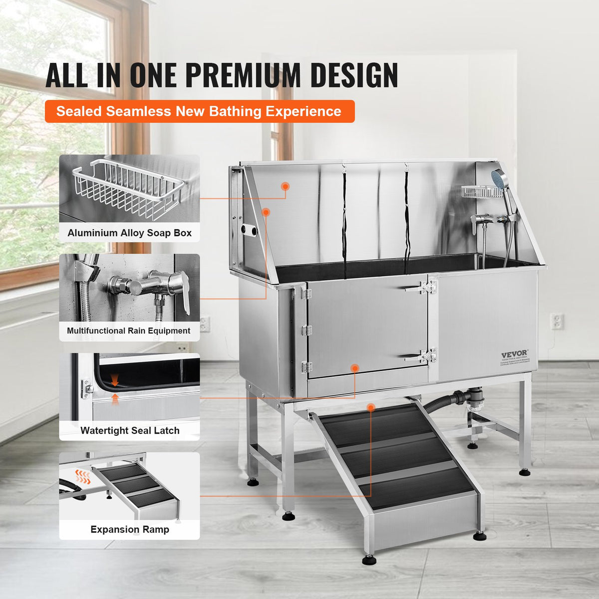 VEVOR 1.57M Pet Dog Bathing Station w/Ramp, Professional Stainless Steel Dog Grooming Tub w/ Soap Box, Faucet,Rich Accessory,Bathtub for Large,Medium,Small Pets, Washing Sink for Home(Left)