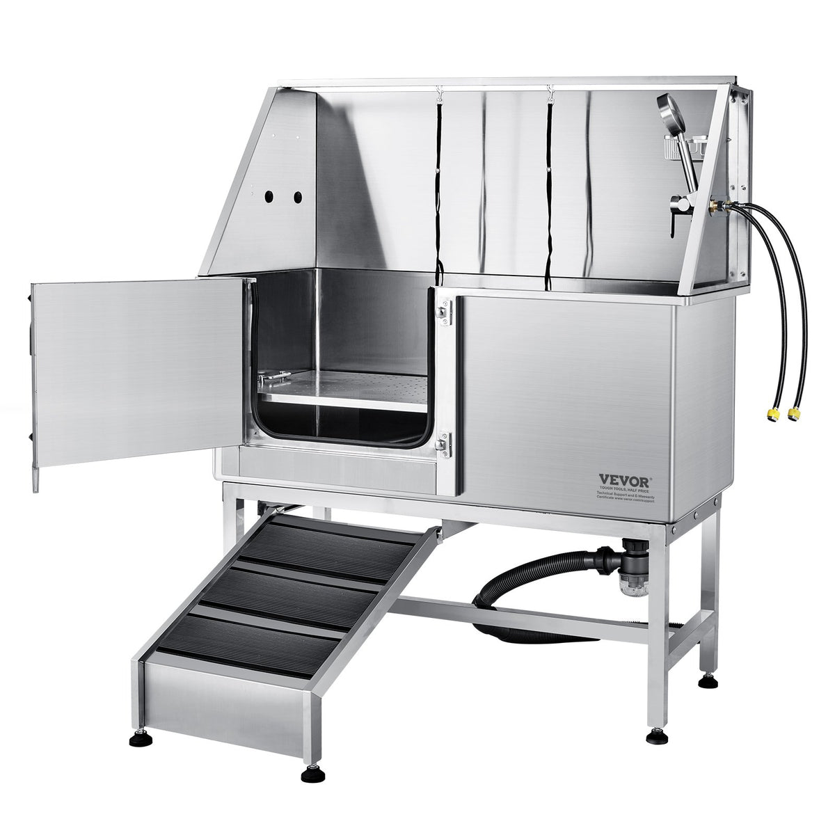 VEVOR 1.57M Pet Dog Bathing Station w/Ramp, Professional Stainless Steel Dog Grooming Tub w/ Soap Box, Faucet,Rich Accessory,Bathtub for Large,Medium,Small Pets, Washing Sink for Home(Left)