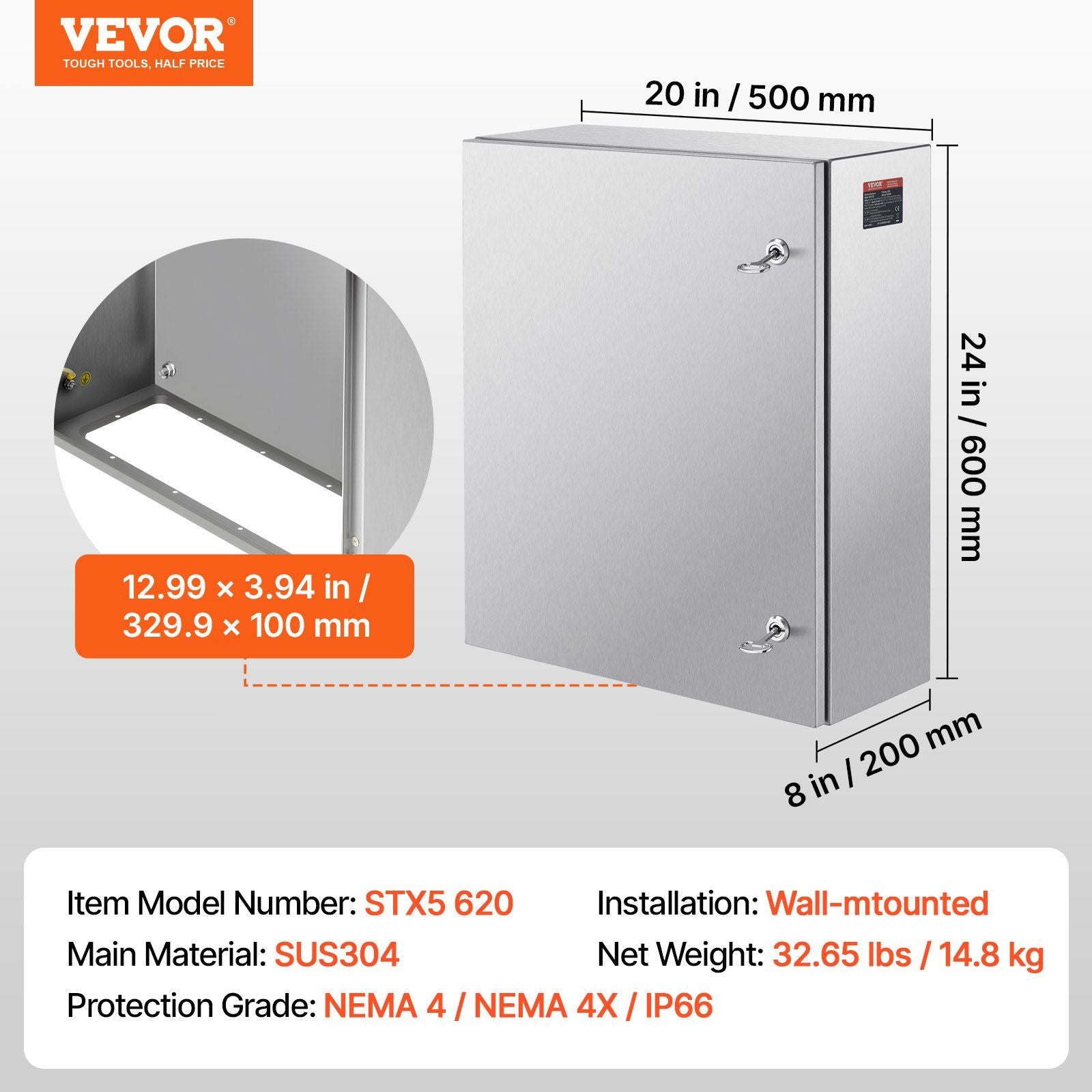 Steel Electrical Box, 60x50x20 cm, 304 Stainless Steel Electrical Enclosure Box, Wall-Mounted Outdoor Electrical Electronic Equipment Enclosure with Mounting Plate Hinges Lock, IP66 Waterproof
