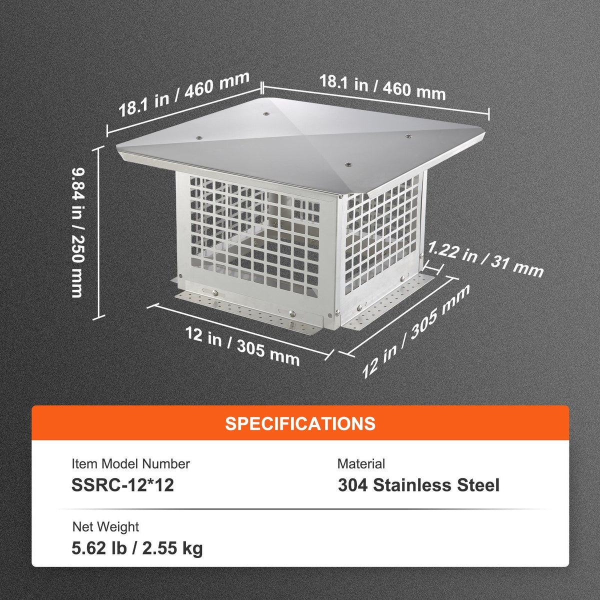 Chimney Cap 304.8 x 304.8mm, 304 Stainless Steel Fireplace Chimney Cover, Not Easily Toppled & Practical Accessories & Easy Installation, Fits Mesh Flue Covers Outside Clay Flue Shingles, Silver