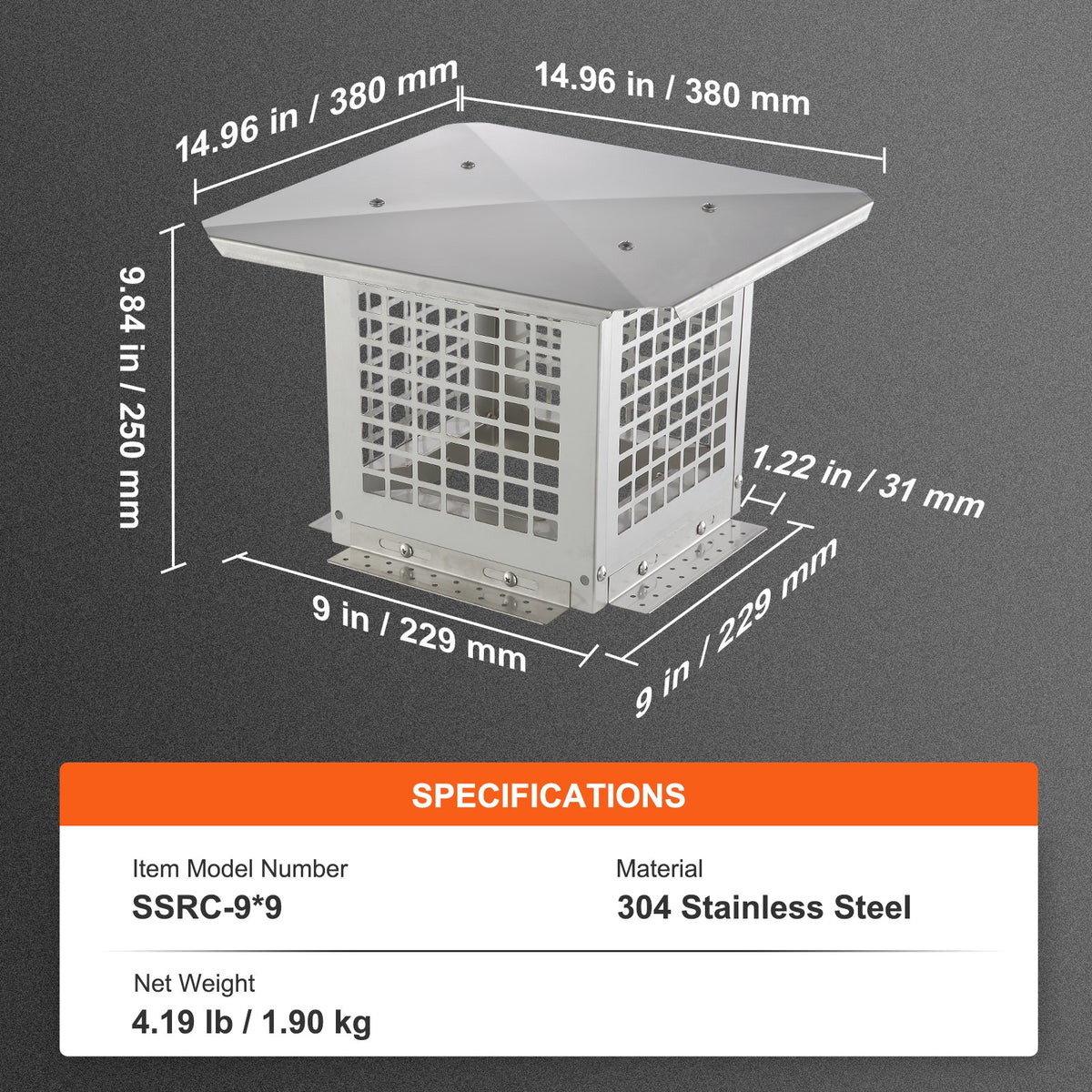 VEVOR Chimney Cap 9” x 9” 304Stainless Steel Fireplace Flue Caps Cover Mesh
