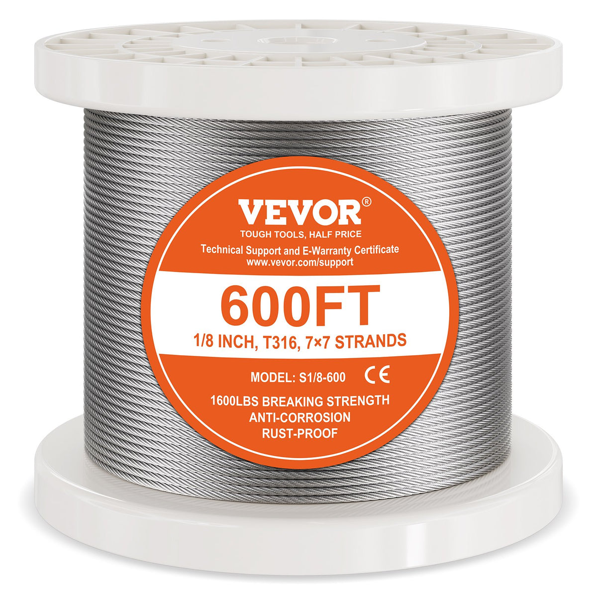VEVOR T316 Stainless Steel Cable 3.18mm 7x7 Steel Wire Rope 182.3m Cable Railing