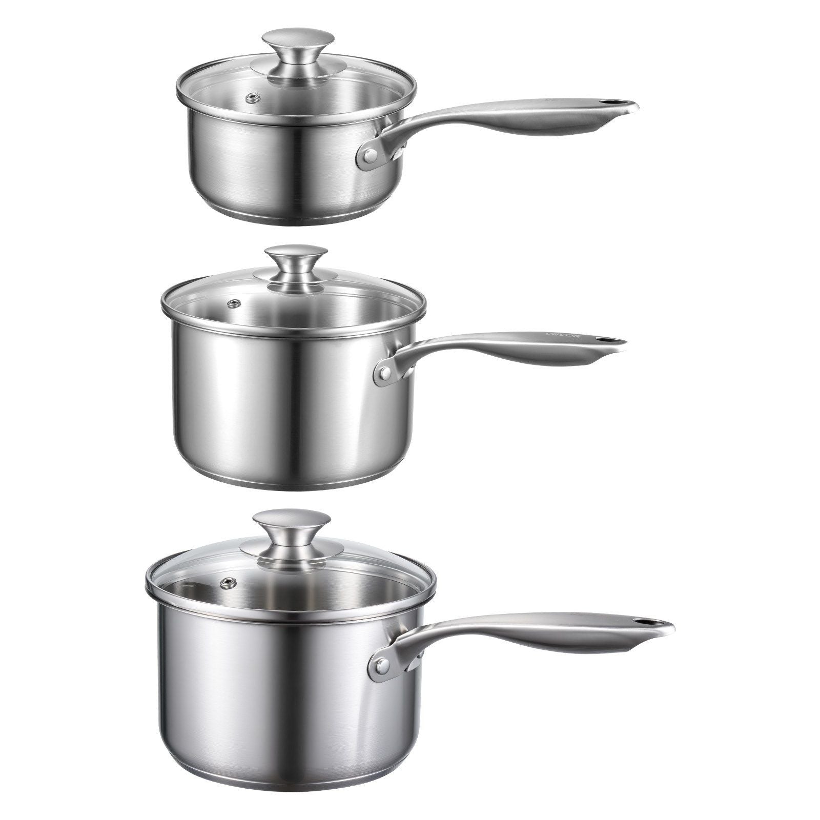 Stainless Steel Saucepan Set, 1 QT & 2 QT & 3 QT Saucepans with Glass Lids, Multipurpose Nonstick Stainless Steel Sauce Pot with Ergonomic Handle, Friendly for Oven, Dishwasher, Induction Cooker