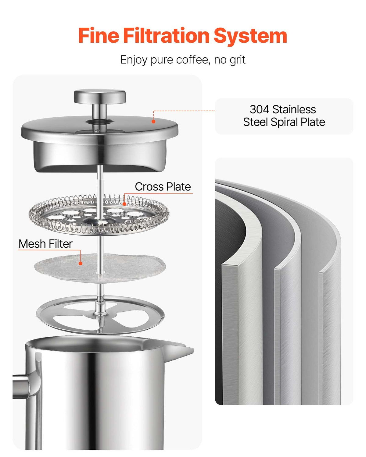 VEVOR French Press Coffee Maker, 1.5 Liter Stainless Steel Coffee Press Tea Maker with Filter, Large Double Wall Insulated French Presses Cold Brew for Camping Travel Home Kitchen, Silver