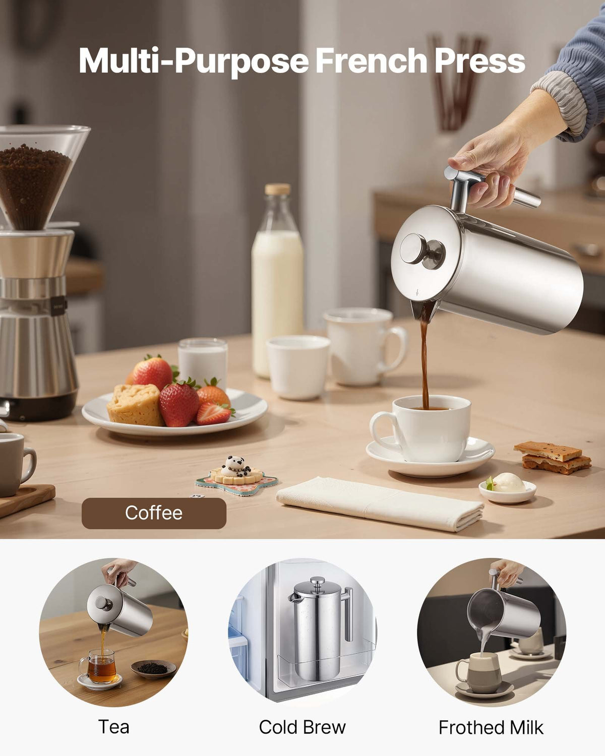 VEVOR French Press Coffee Maker, 1.5 Liter Stainless Steel Coffee Press Tea Maker with Filter, Large Double Wall Insulated French Presses Cold Brew for Camping Travel Home Kitchen, Silver