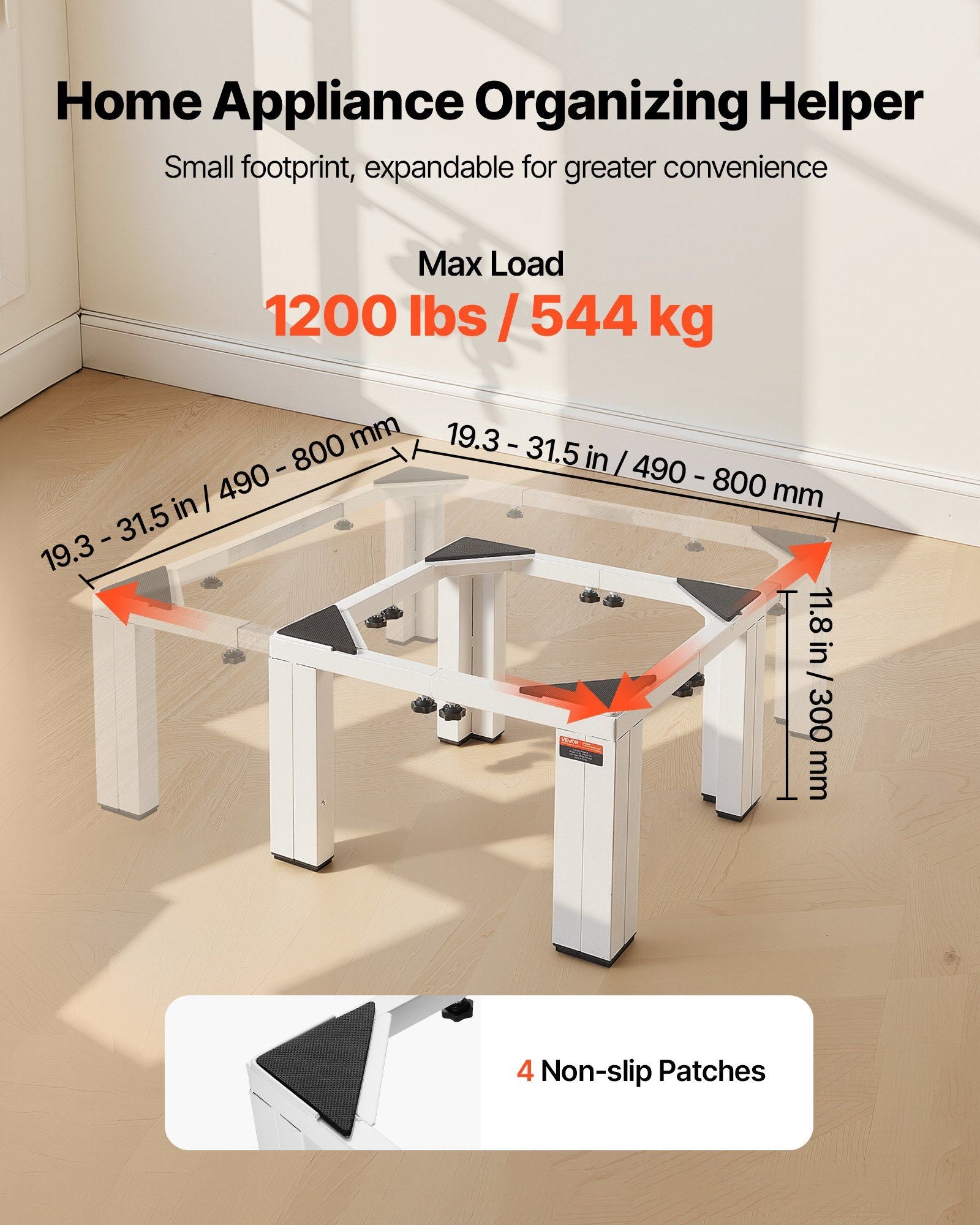 Laundry Pedestal, 305 mm Height, Washer and Dryer Pedestals with 544 kg Weight Load Capacity, 475-785 mm Adjustable, Non-Slip Feet, Heavy-duty Steel Washing Machine Stand Universal Fit, White