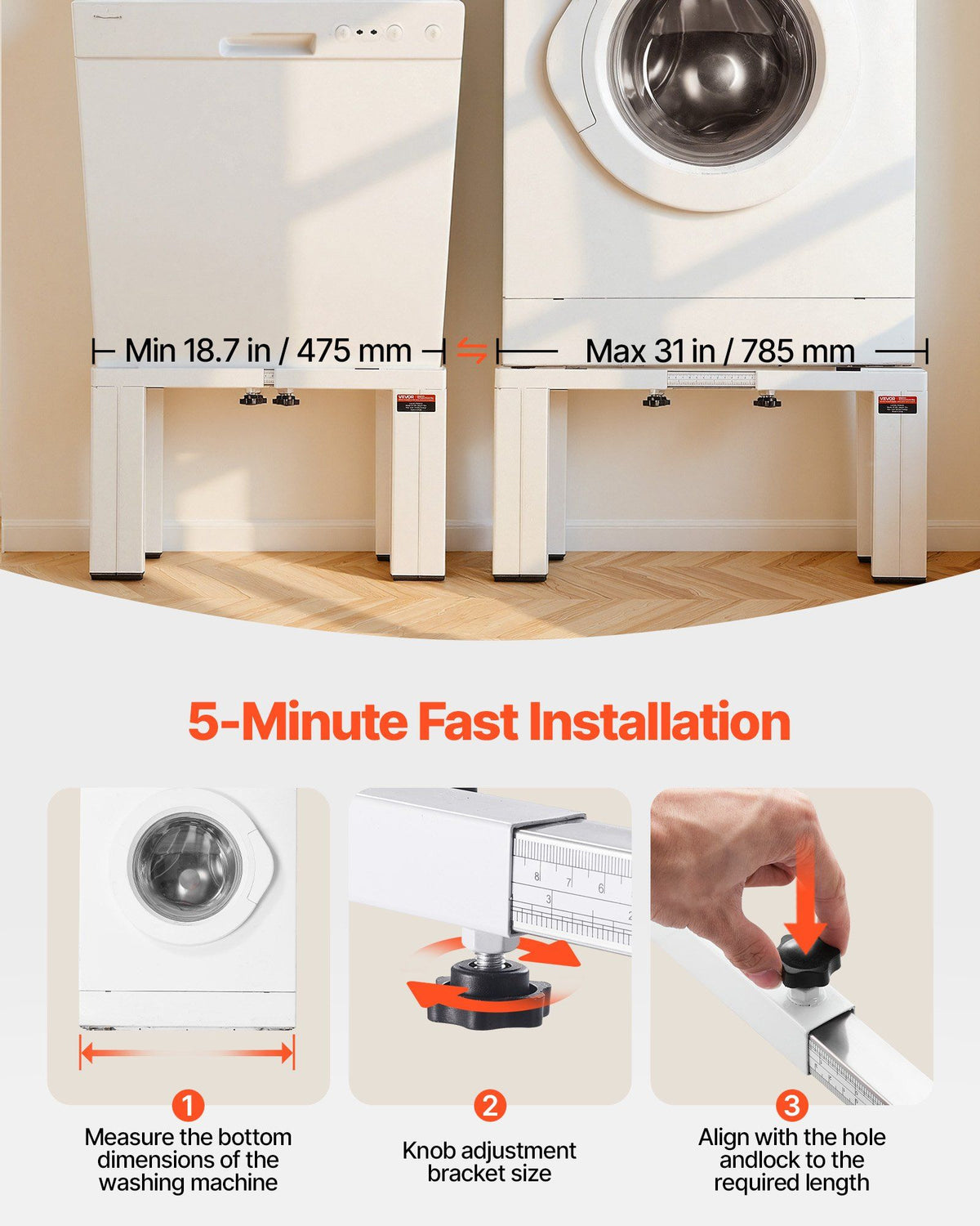 Laundry Pedestal, 305 mm Height, Washer and Dryer Pedestals with 544 kg Weight Load Capacity, 475-785 mm Adjustable, Non-Slip Feet, Heavy-duty Steel Washing Machine Stand Universal Fit, White