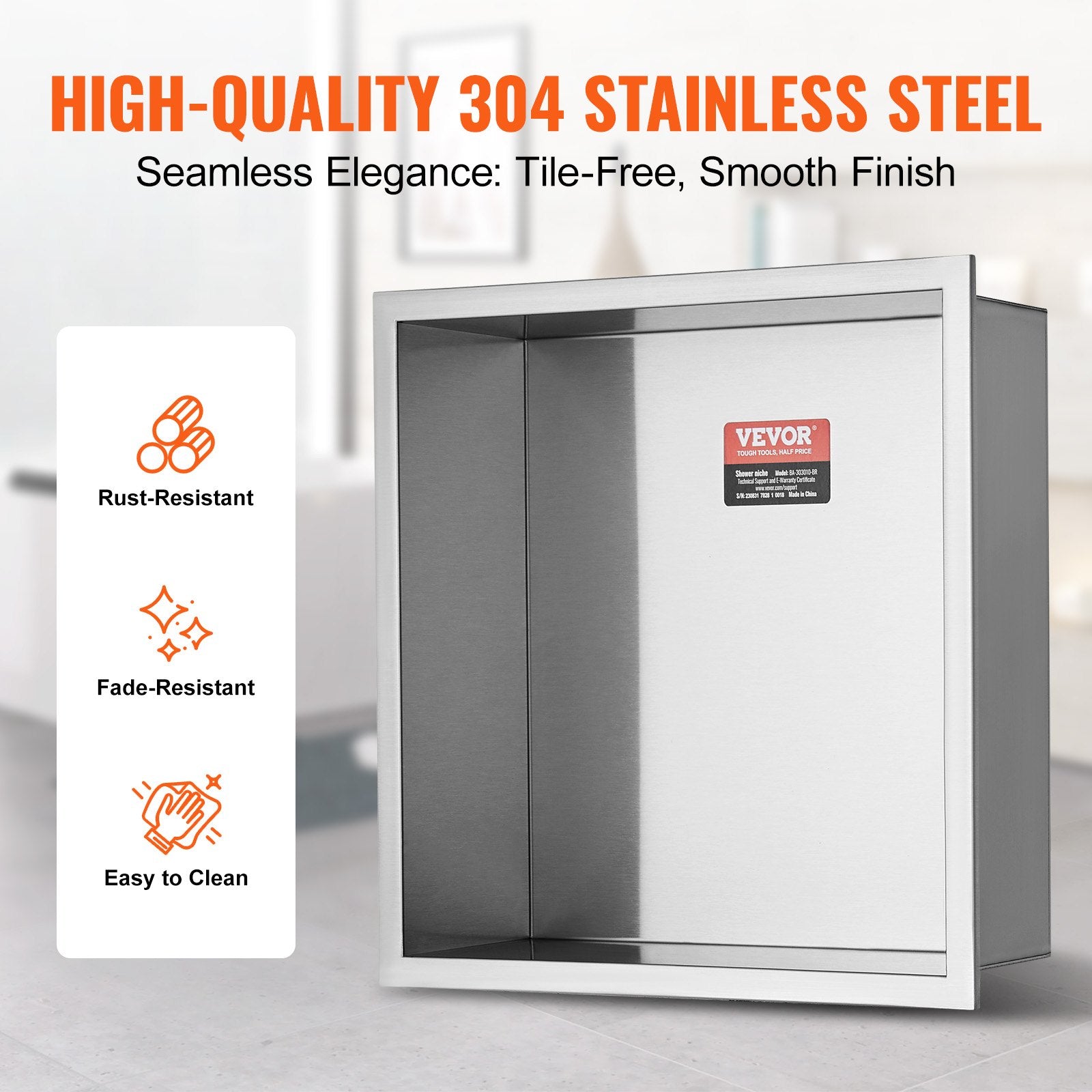 VEVOR 33.02 x 33.02 cm No Tile Shower Niche 304 Stainless Steel, Wall-Inserted Niche Recessed Double Shelves, Sealed Waterproof Rust-Resistant Modern Niche for Shower Bathroom Soap Storage, Silver