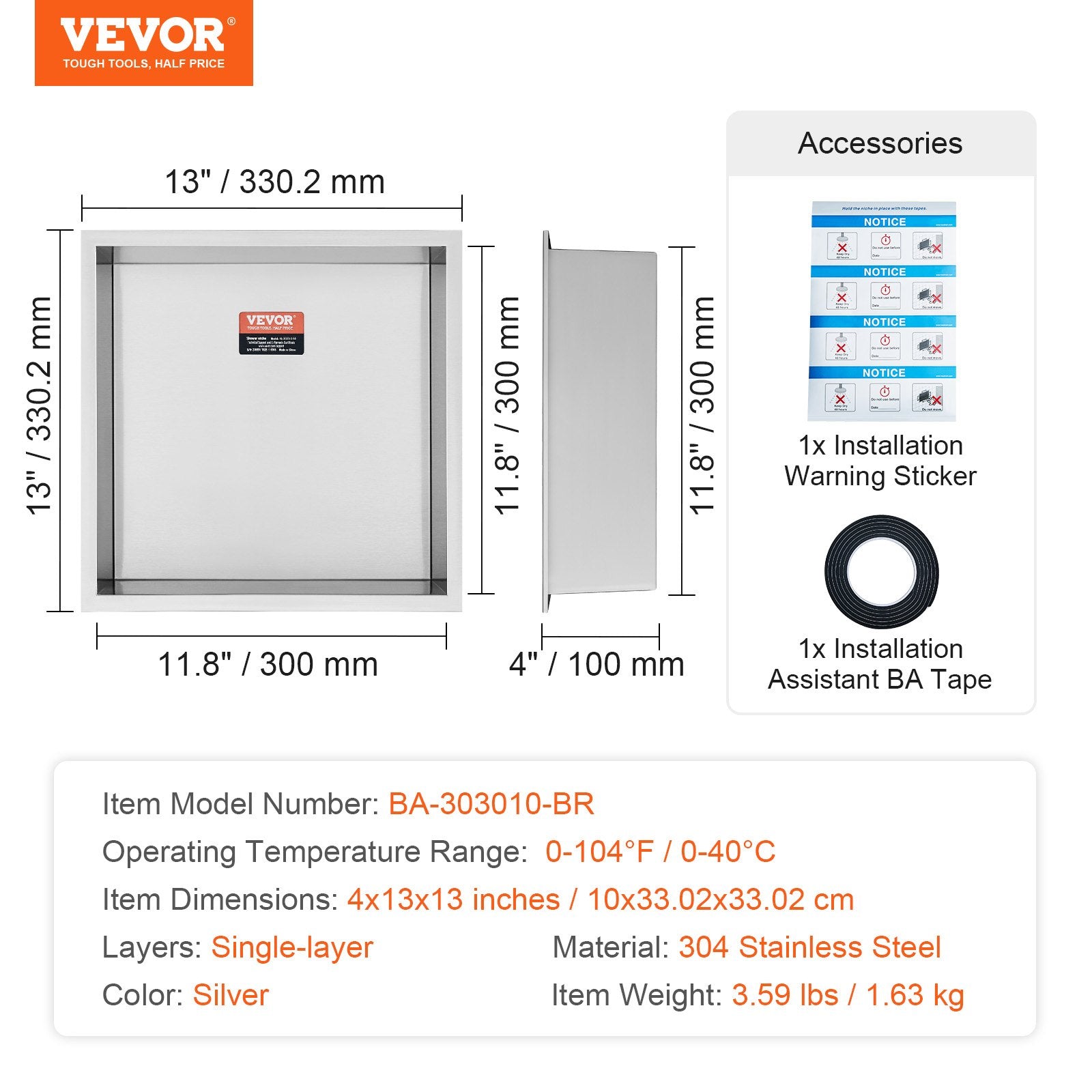 VEVOR 33.02 x 33.02 cm No Tile Shower Niche 304 Stainless Steel, Wall-Inserted Niche Recessed Double Shelves, Sealed Waterproof Rust-Resistant Modern Niche for Shower Bathroom Soap Storage, Silver