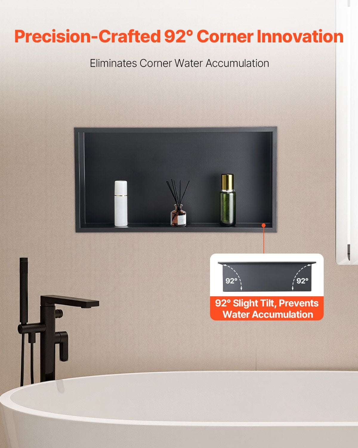 VEVOR Shower Niche, 33.0 x 63.5 x 10.2 cm Recessed Wall Niche, Heavy-duty Stainless Steel Modern Soap & Shampoo Storage Organizer, Sealed Waterproof, Durable & Easy to Install, Black for Bathroom