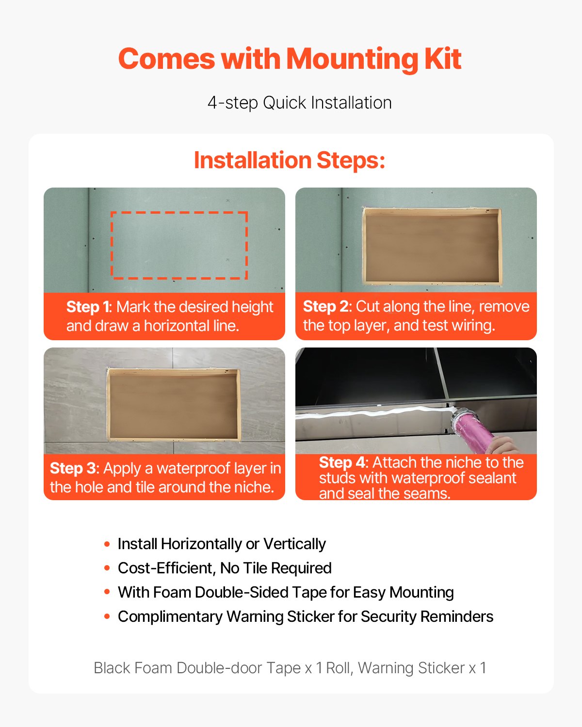 VEVOR Shower Niche, 33.0 x 63.5 x 10.2 cm Recessed Wall Niche, Heavy-duty Stainless Steel Modern Soap & Shampoo Storage Organizer, Sealed Waterproof, Durable & Easy to Install, Black for Bathroom