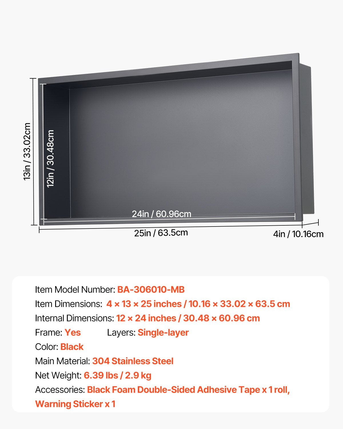 VEVOR Shower Niche, 33.0 x 63.5 x 10.2 cm Recessed Wall Niche, Heavy-duty Stainless Steel Modern Soap & Shampoo Storage Organizer, Sealed Waterproof, Durable & Easy to Install, Black for Bathroom