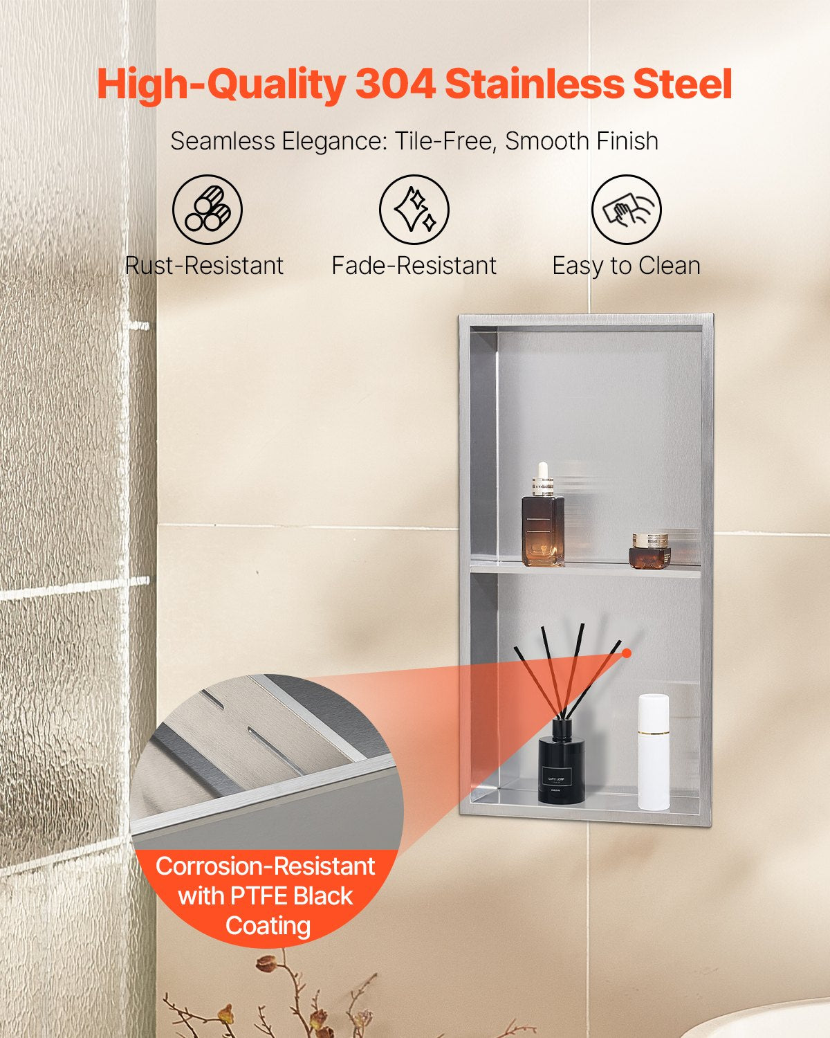 VEVOR Shower Niche, 33.0 x 63.5 x 10.2 cm Recessed Wall Niche Double-layer, with Hollowed-out Divider, Heavy-duty Stainless Steel Modern Shampoo Storage Organizer, Waterproof, Silver for Bathroom