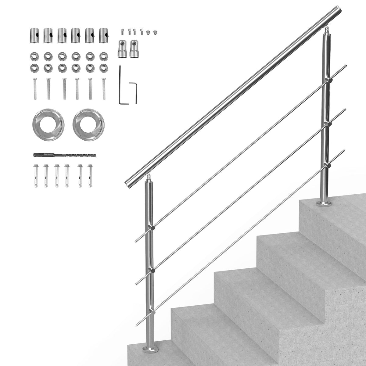 VEVOR Handrails for Outdoor Steps, 59 in Length 3 Crossbars Stair Hand Rail Kit, Transitional Stainless Steel Railings w/ Installation Kit, Double-column Staircase Handrails for Seniors,Porch &amp; Deck