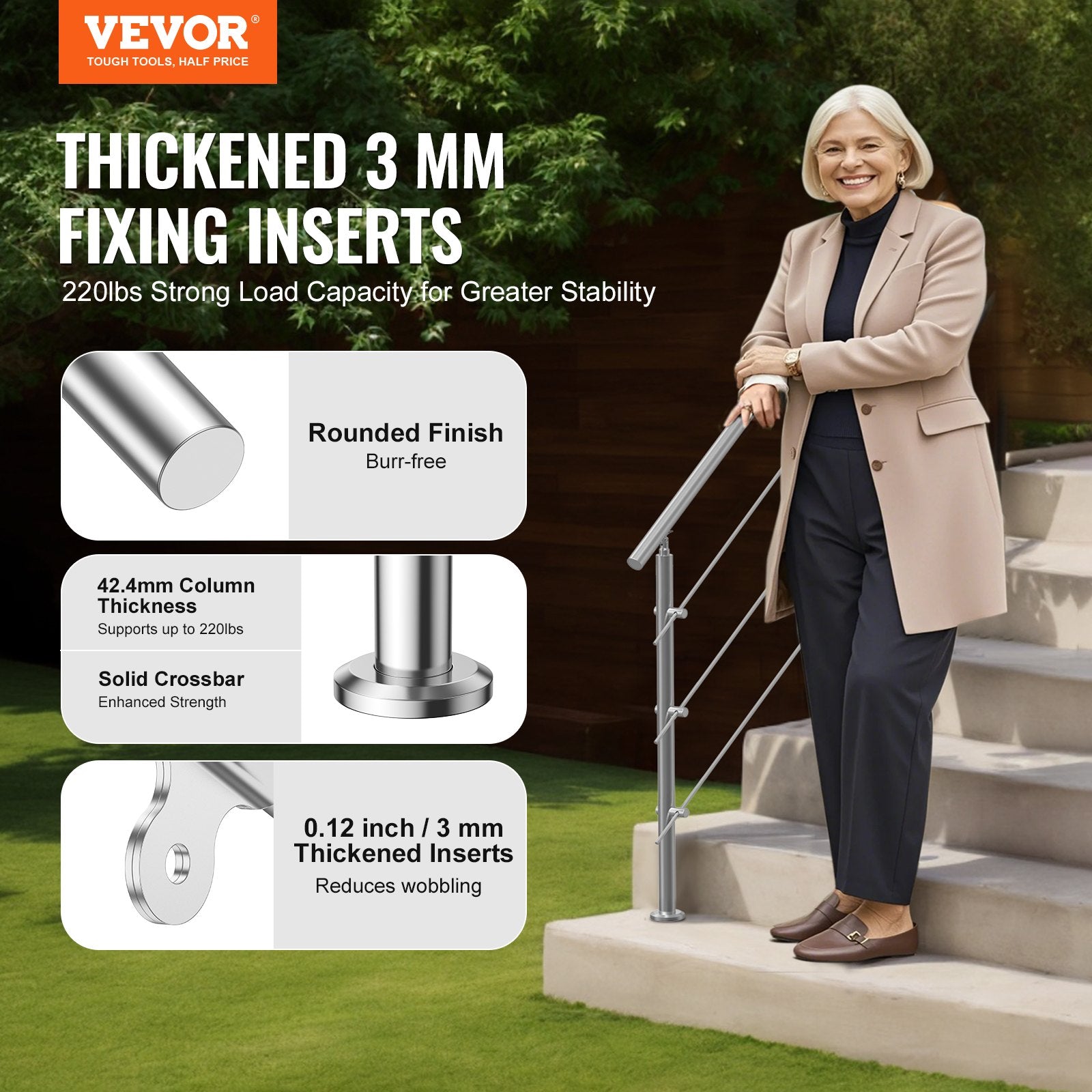 VEVOR Handrails for Outdoor Steps, 59 in Length 3 Crossbars Stair Hand Rail Kit, Transitional Stainless Steel Railings w/ Installation Kit, Double-column Staircase Handrails for Seniors,Porch & Deck
