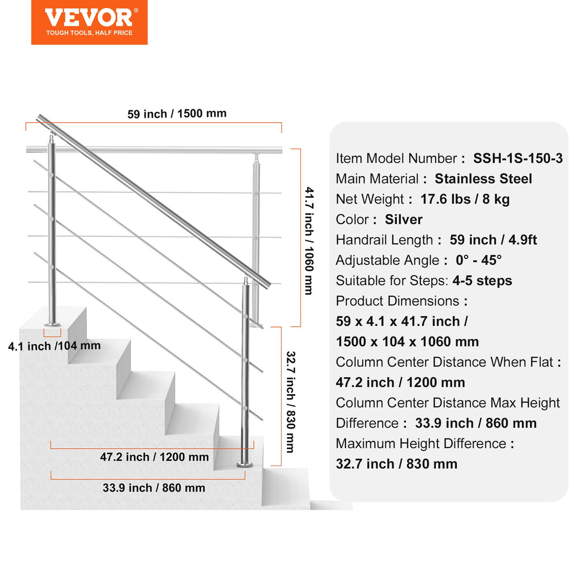 VEVOR Handrails for Outdoor Steps, 59 in Length 3 Crossbars Stair Hand Rail Kit, Transitional Stainless Steel Railings w/ Installation Kit, Double-column Staircase Handrails for Seniors,Porch & Deck